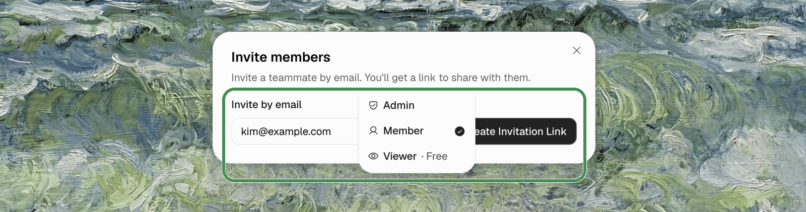 Invite members dialog — email field with the role picker open on Admin, Member, and Viewer (free)
