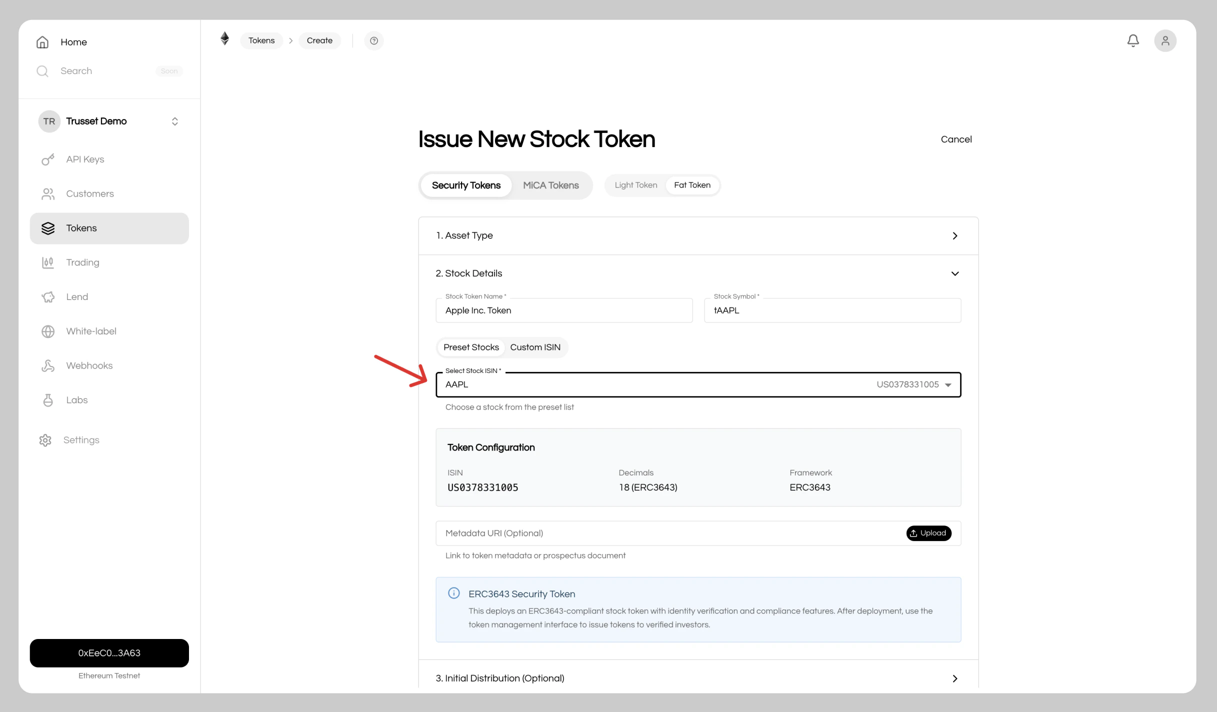 Token creation interface