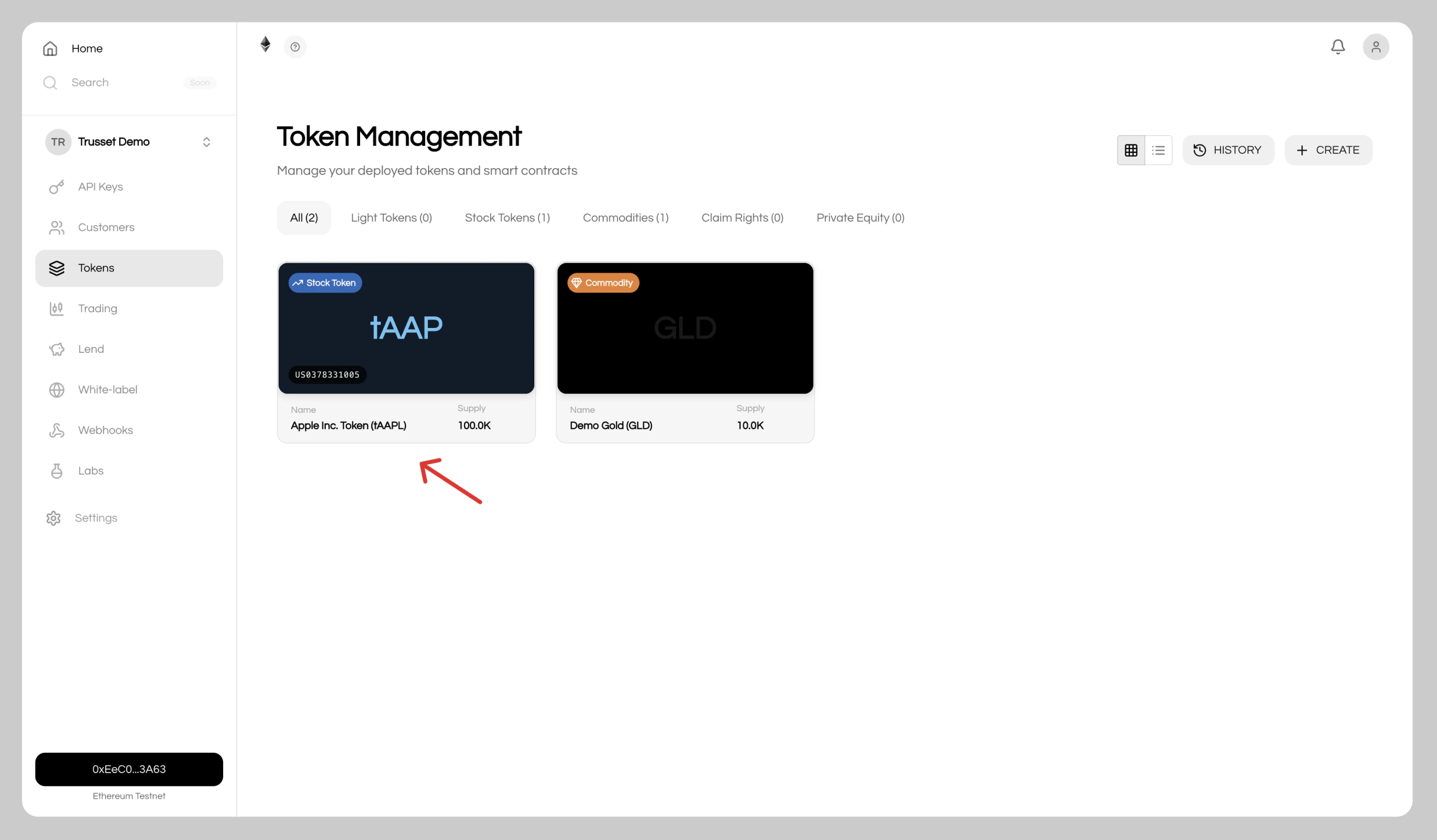 Token dashboard interface