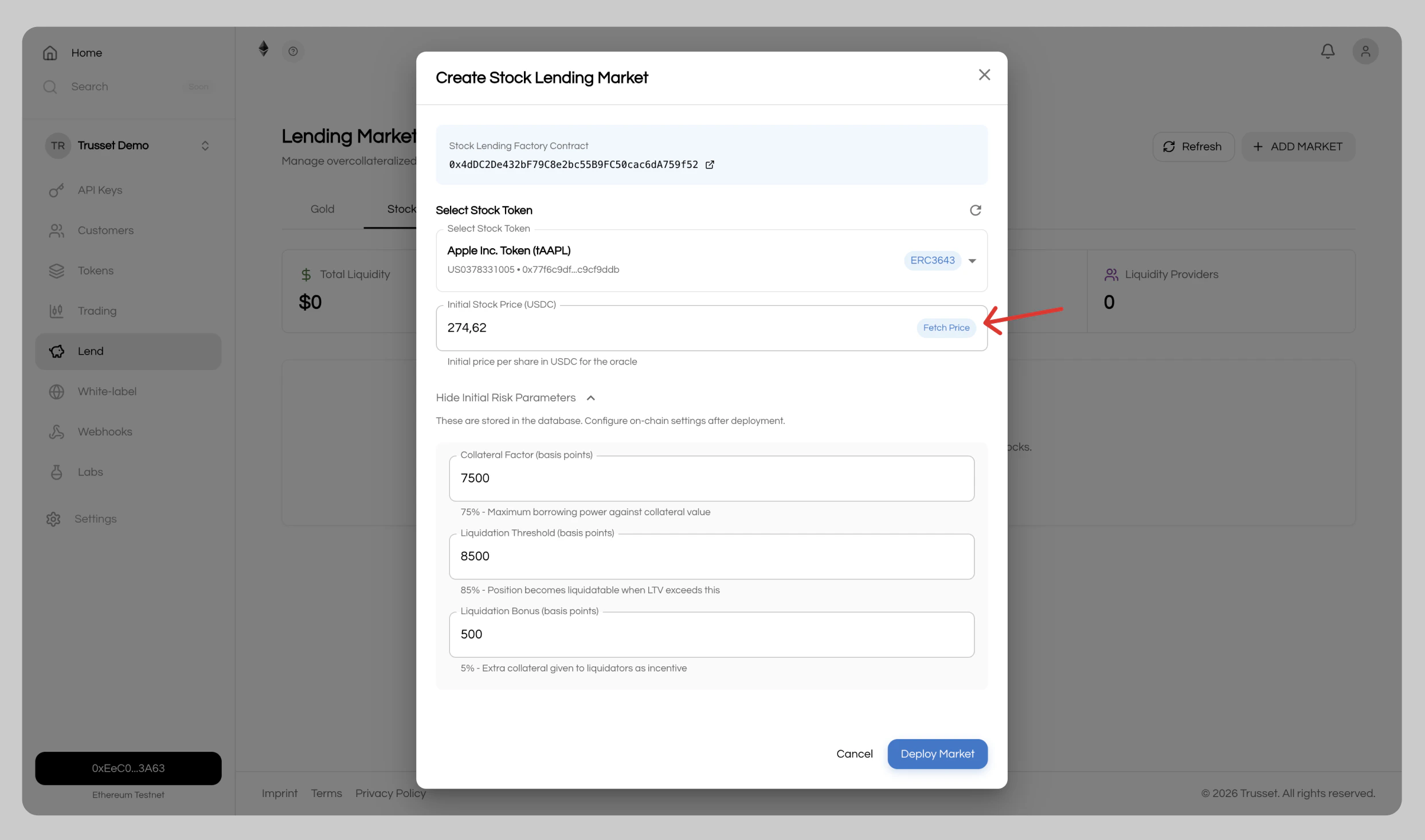 Lending market creation interface