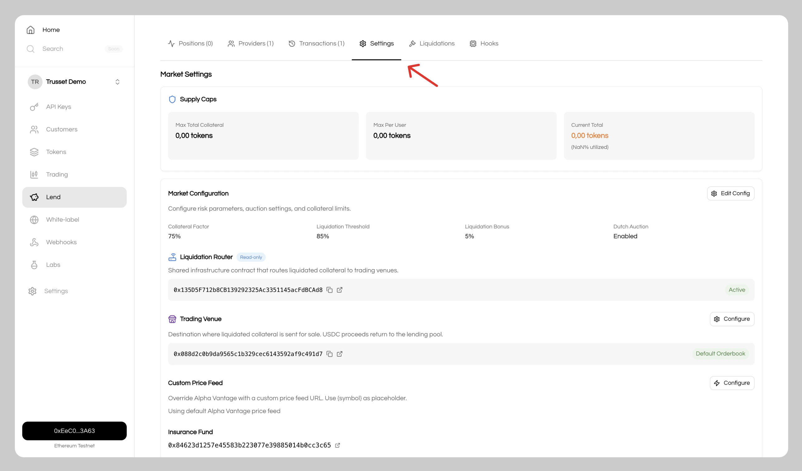 Lending market management interface