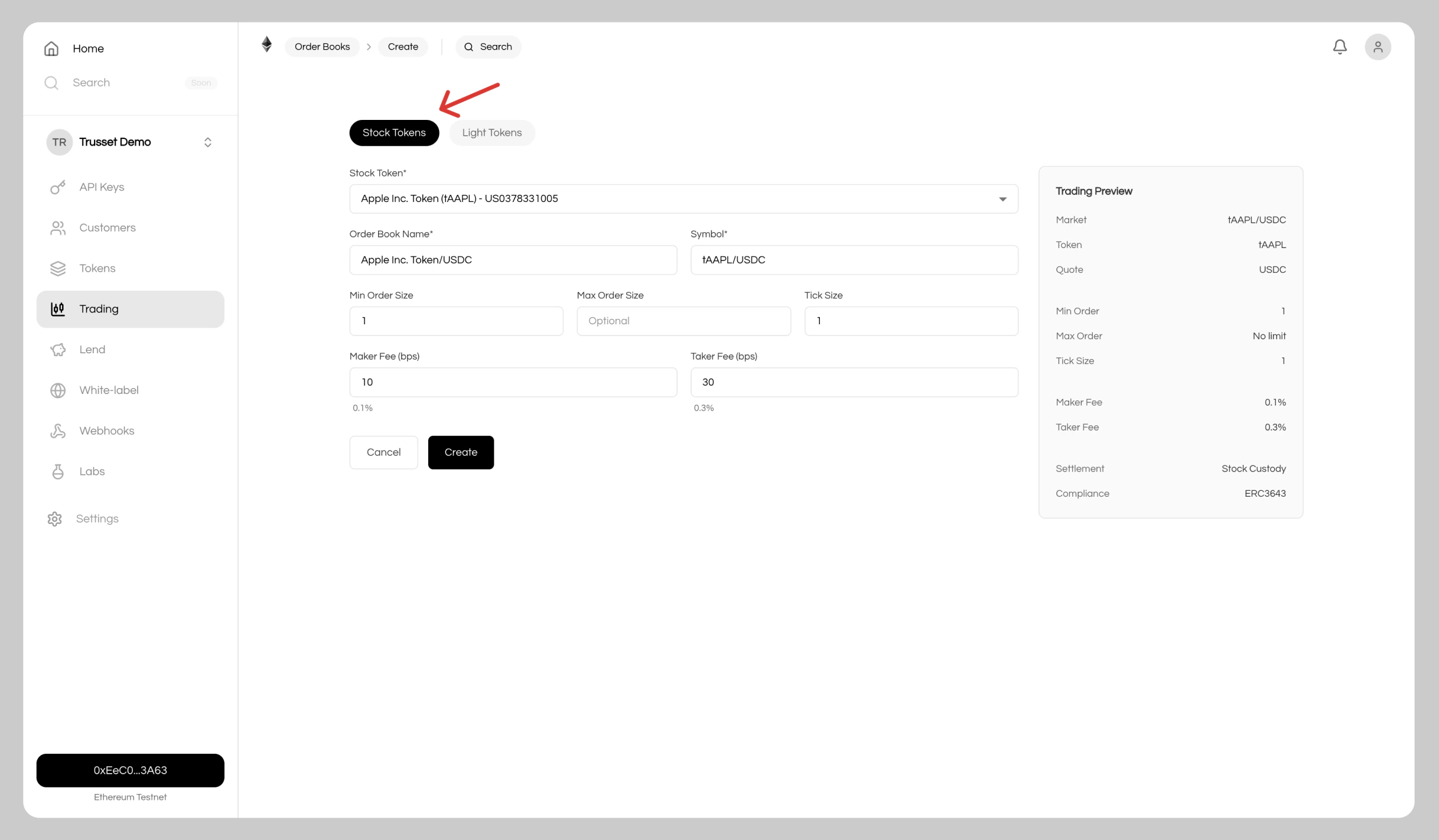Order book creation interface