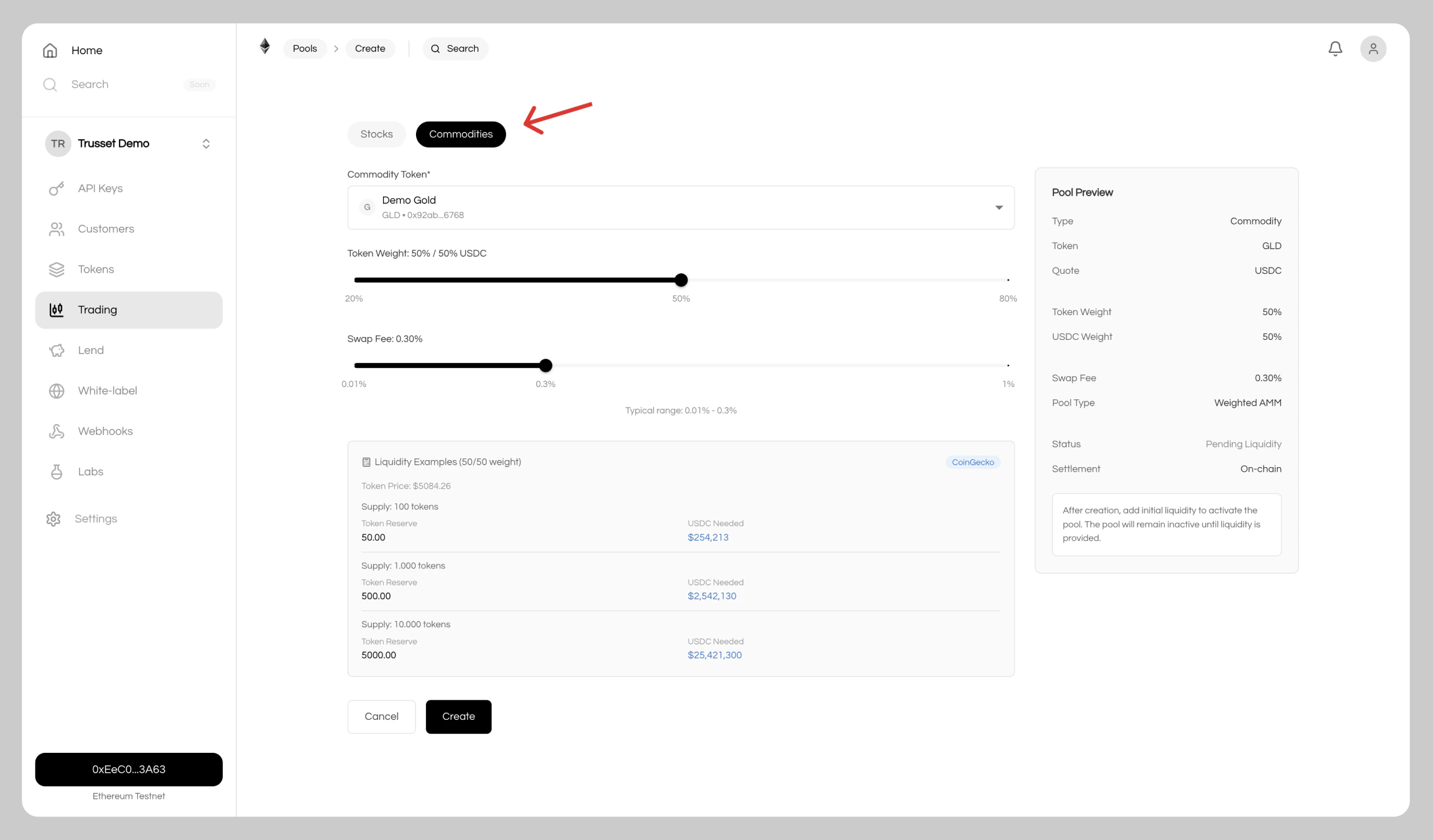 Trading market creation interface
