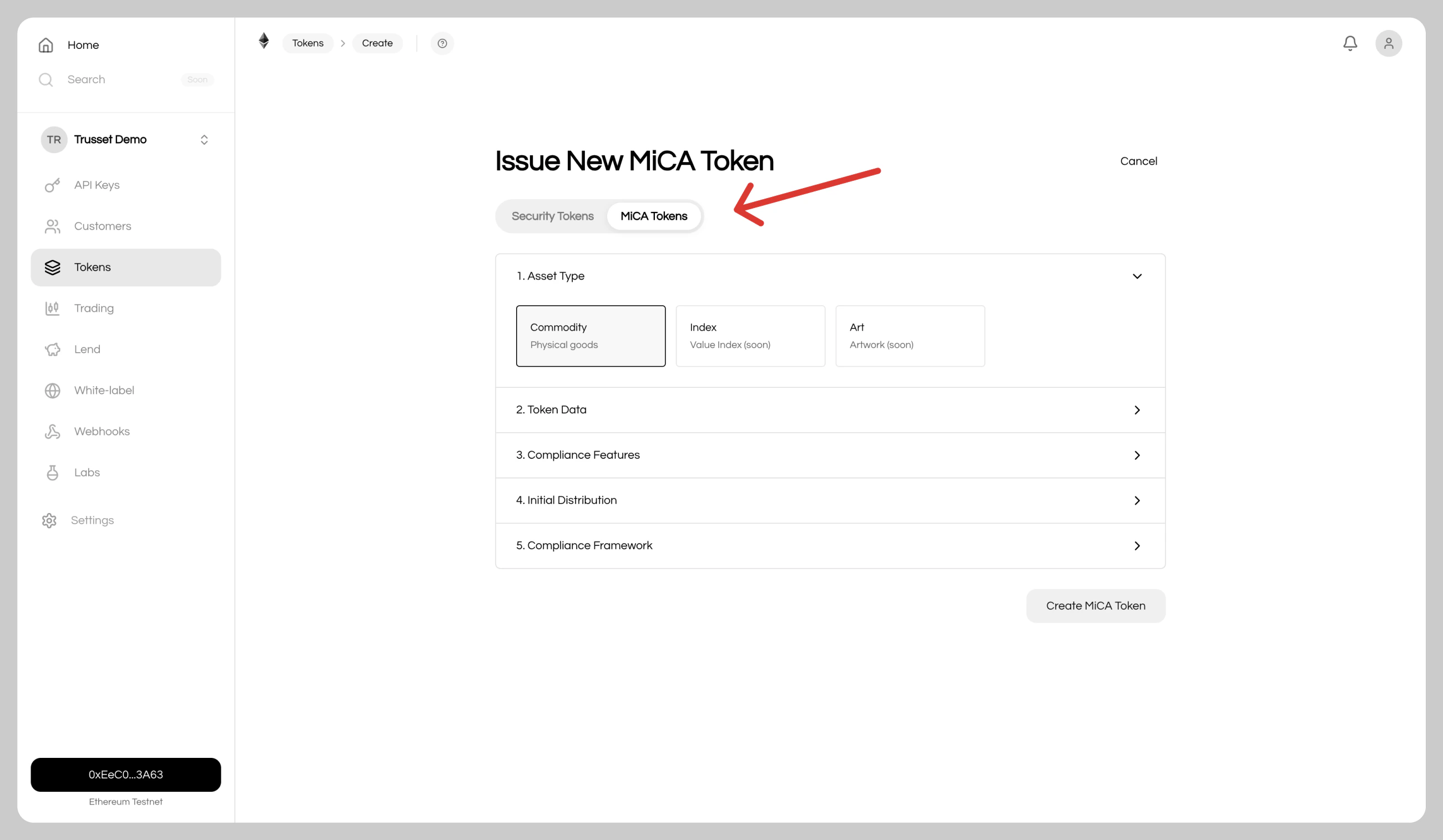 Token creation interface