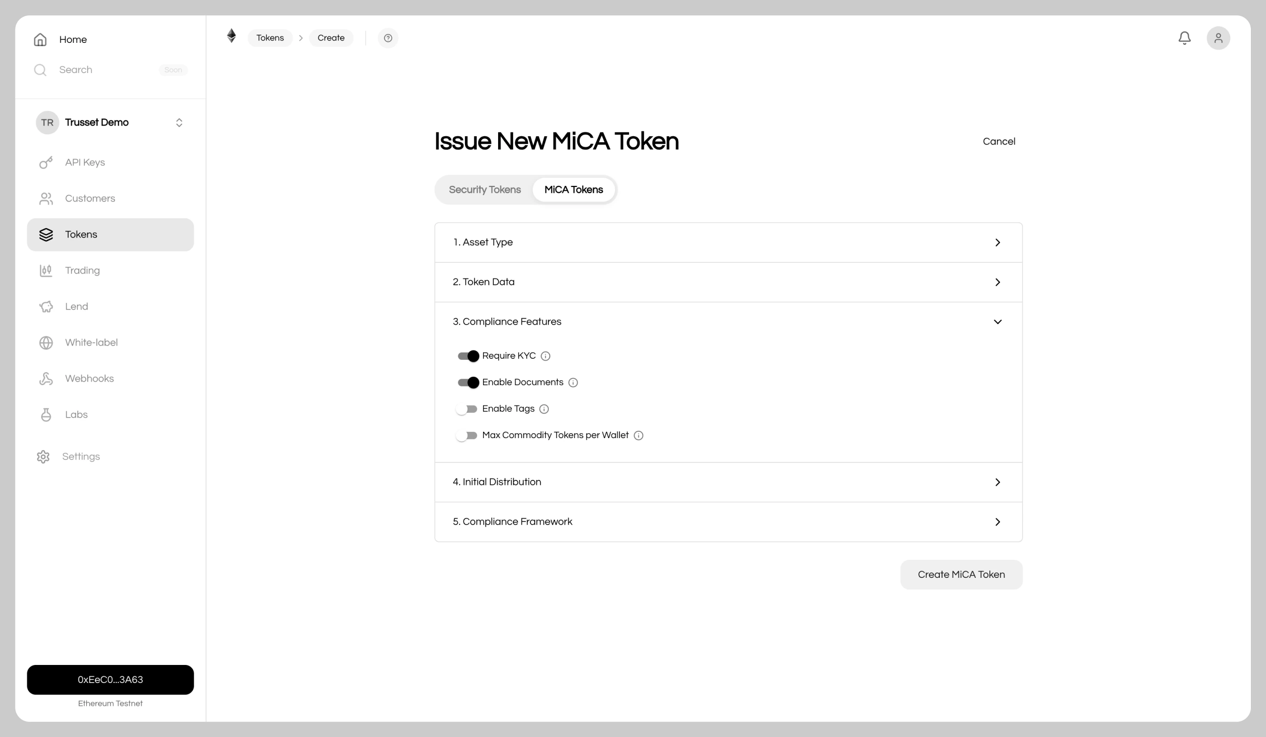 Token creation interface