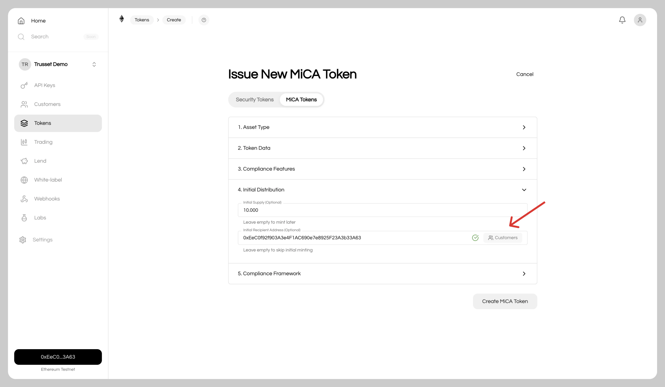 Token creation interface