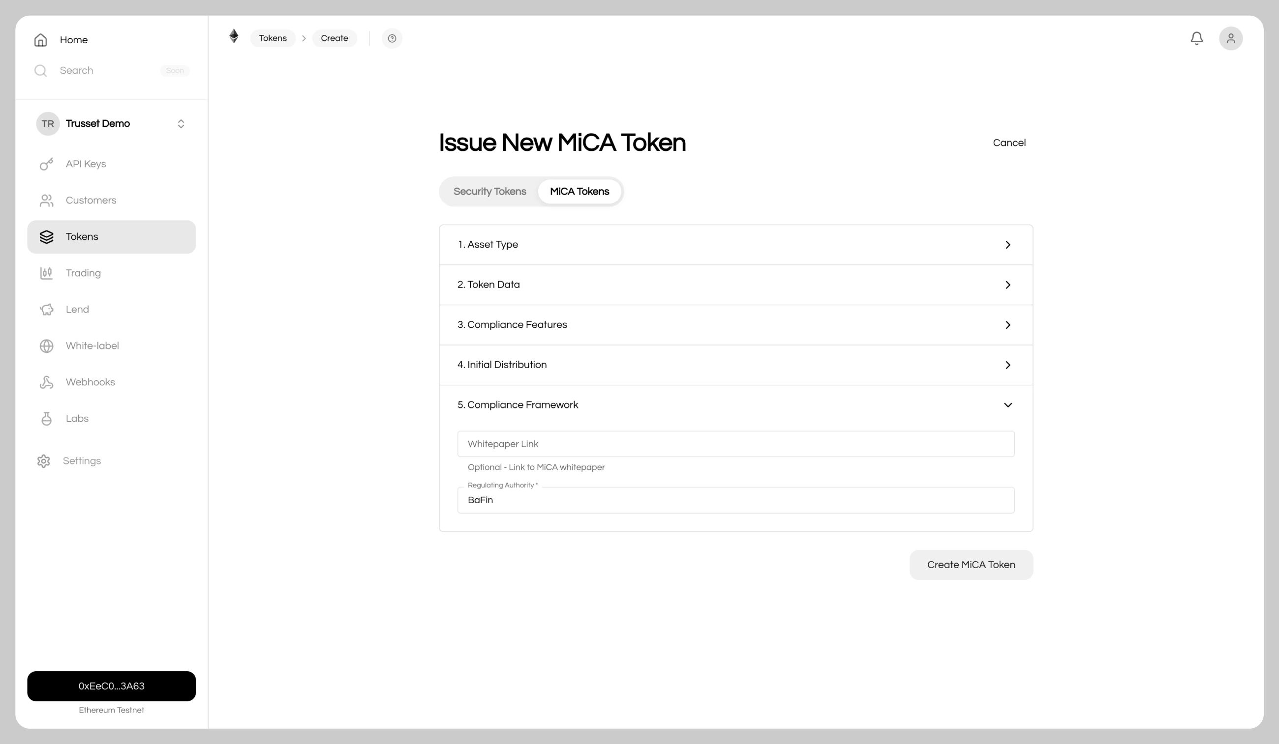 Token creation interface