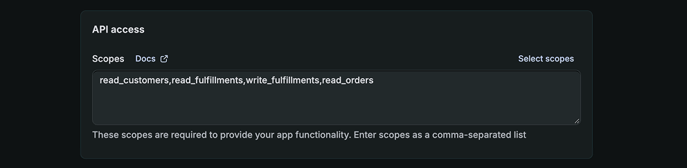 Shopify Dev Dashboard API access field listing the required scopes