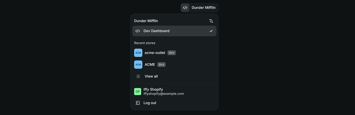 Shopify Dev Dashboard organization selector