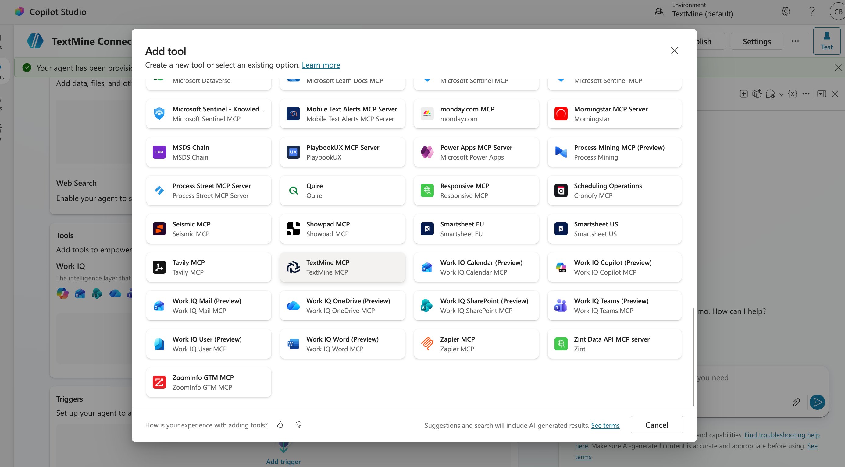 Saved agent with Add a tool selected