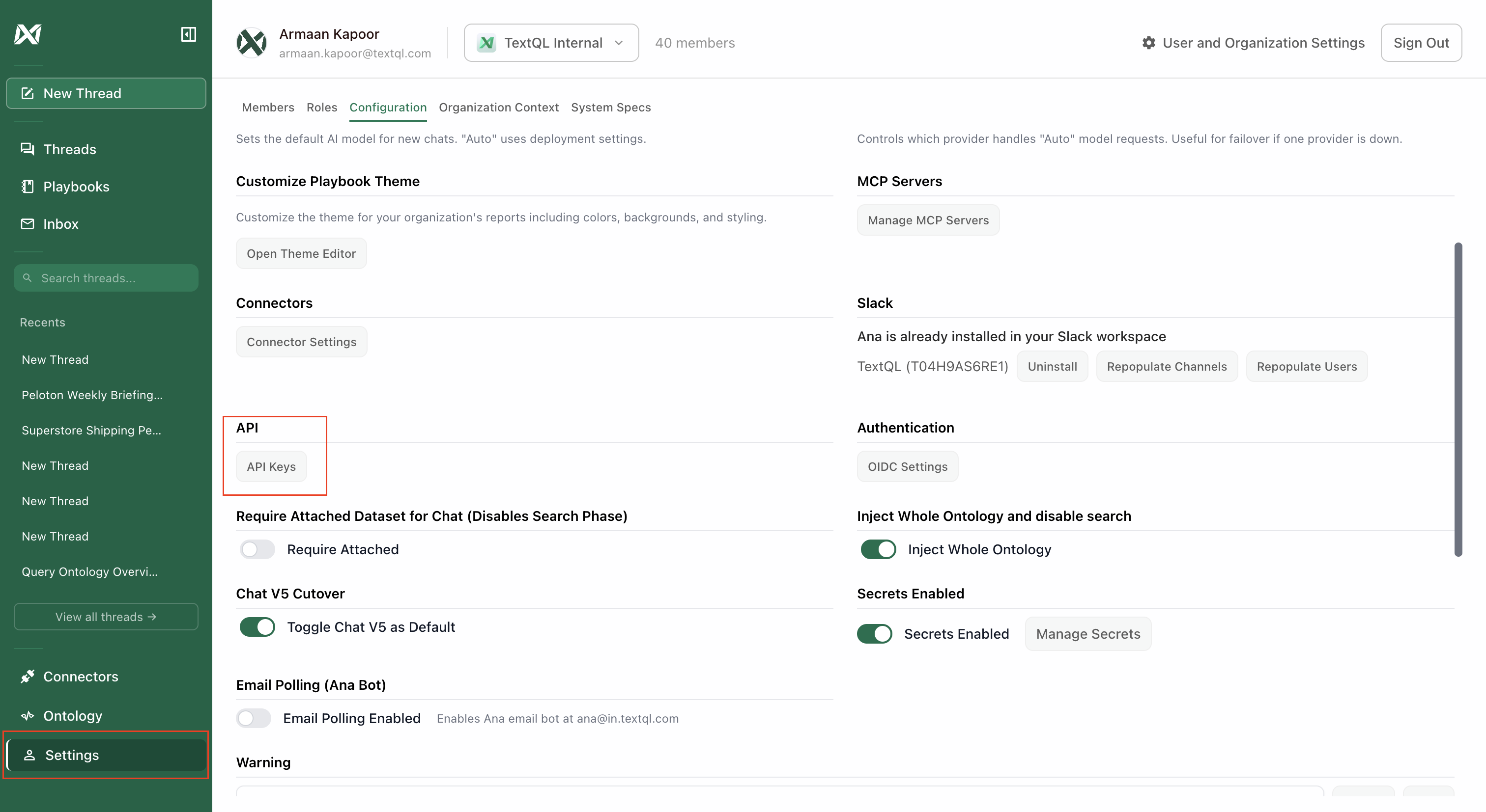 API section in Settings with API Keys button highlighted