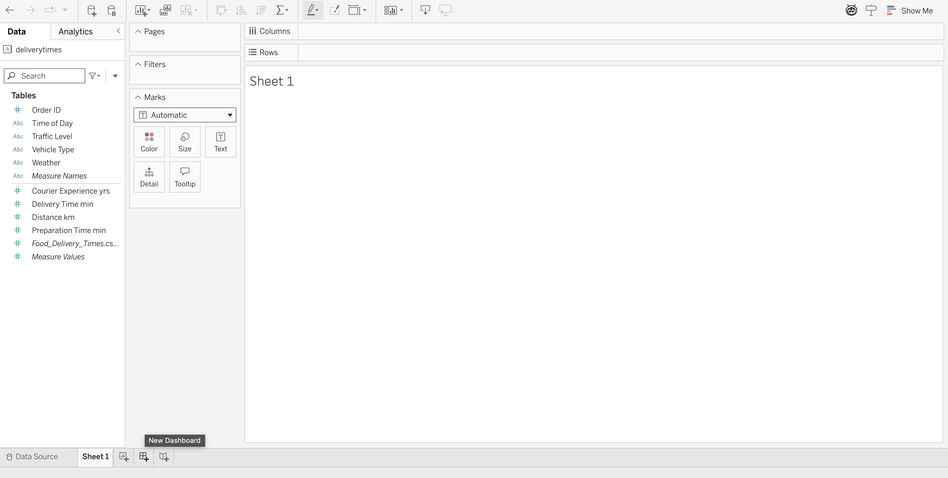 Tableau workbook showing New Dashboard button