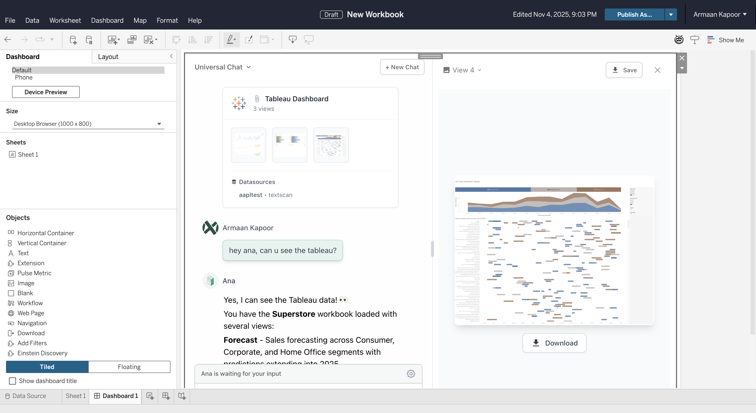 Ana chat interface embedded in Tableau dashboard