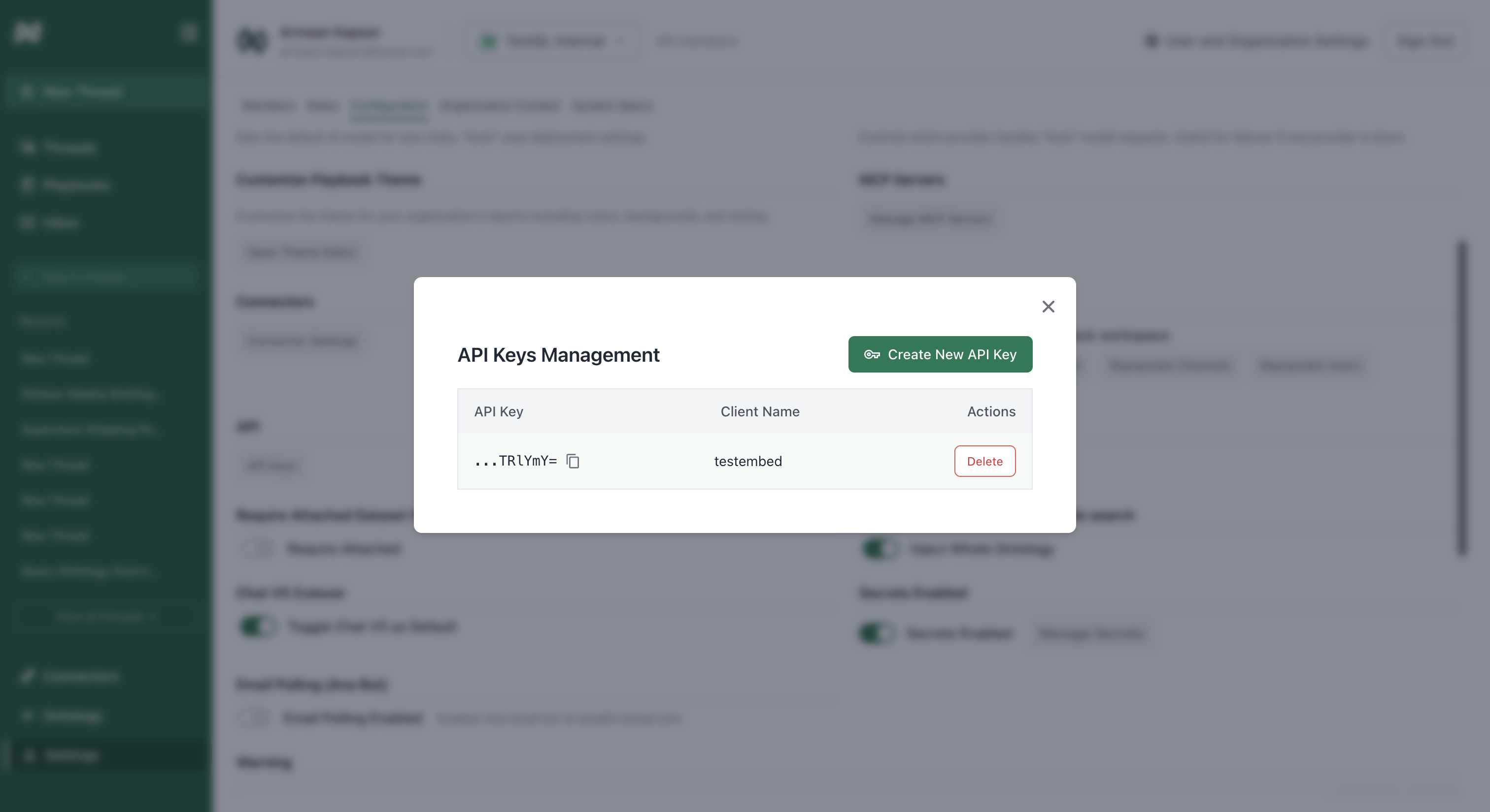 API Keys Management modal showing key creation