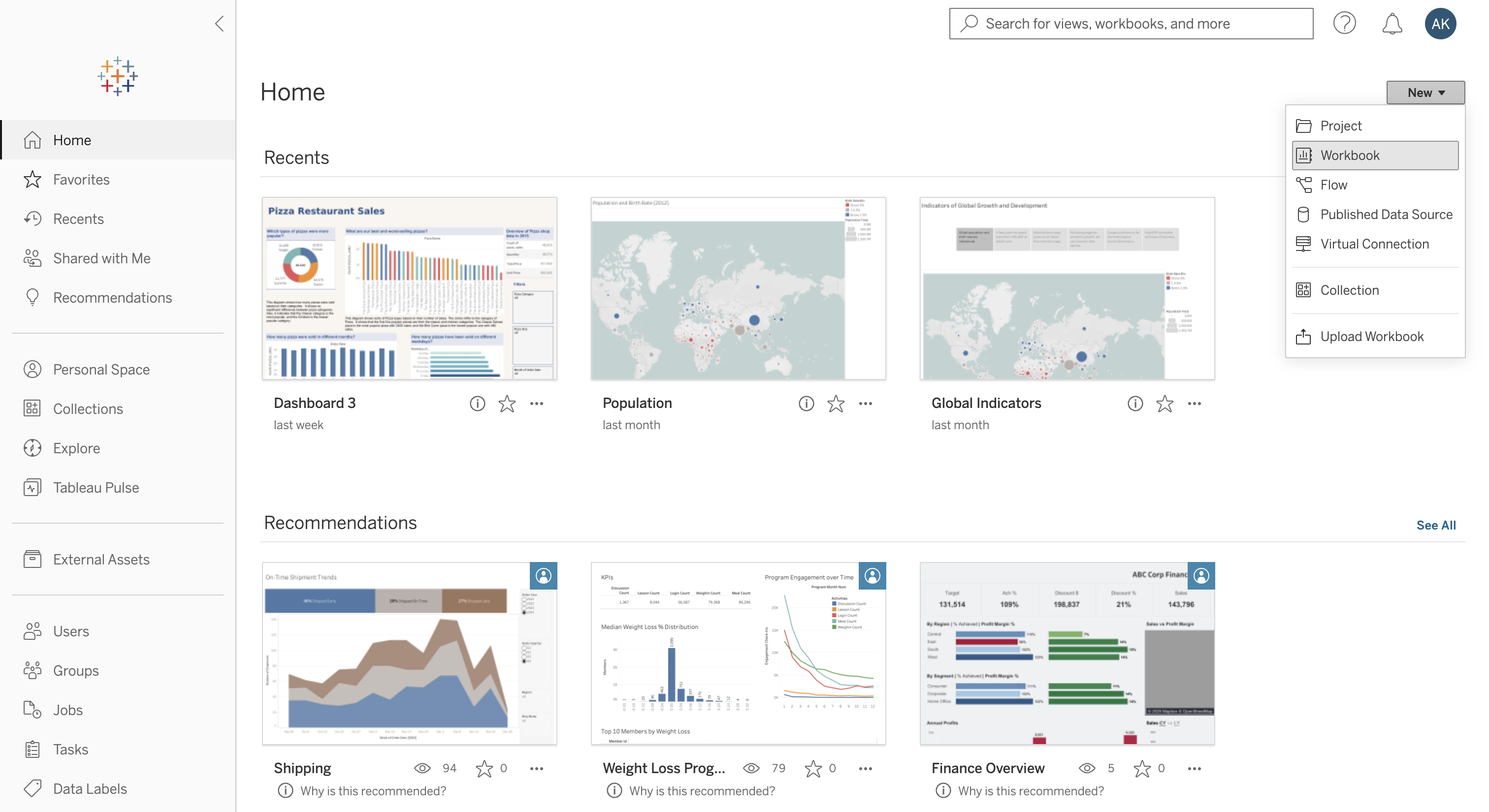Tableau home with New Workbook option highlighted