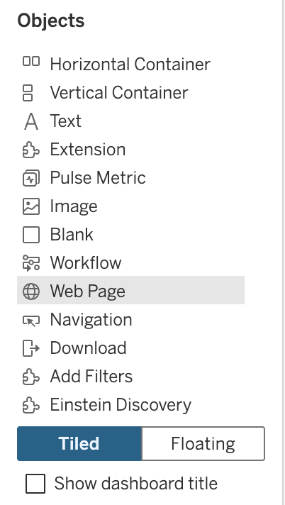 Objects panel with Web Page option highlighted