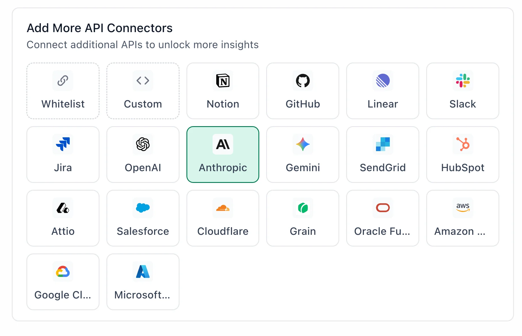 TextQL Add More API Connectors panel with Anthropic highlighted
