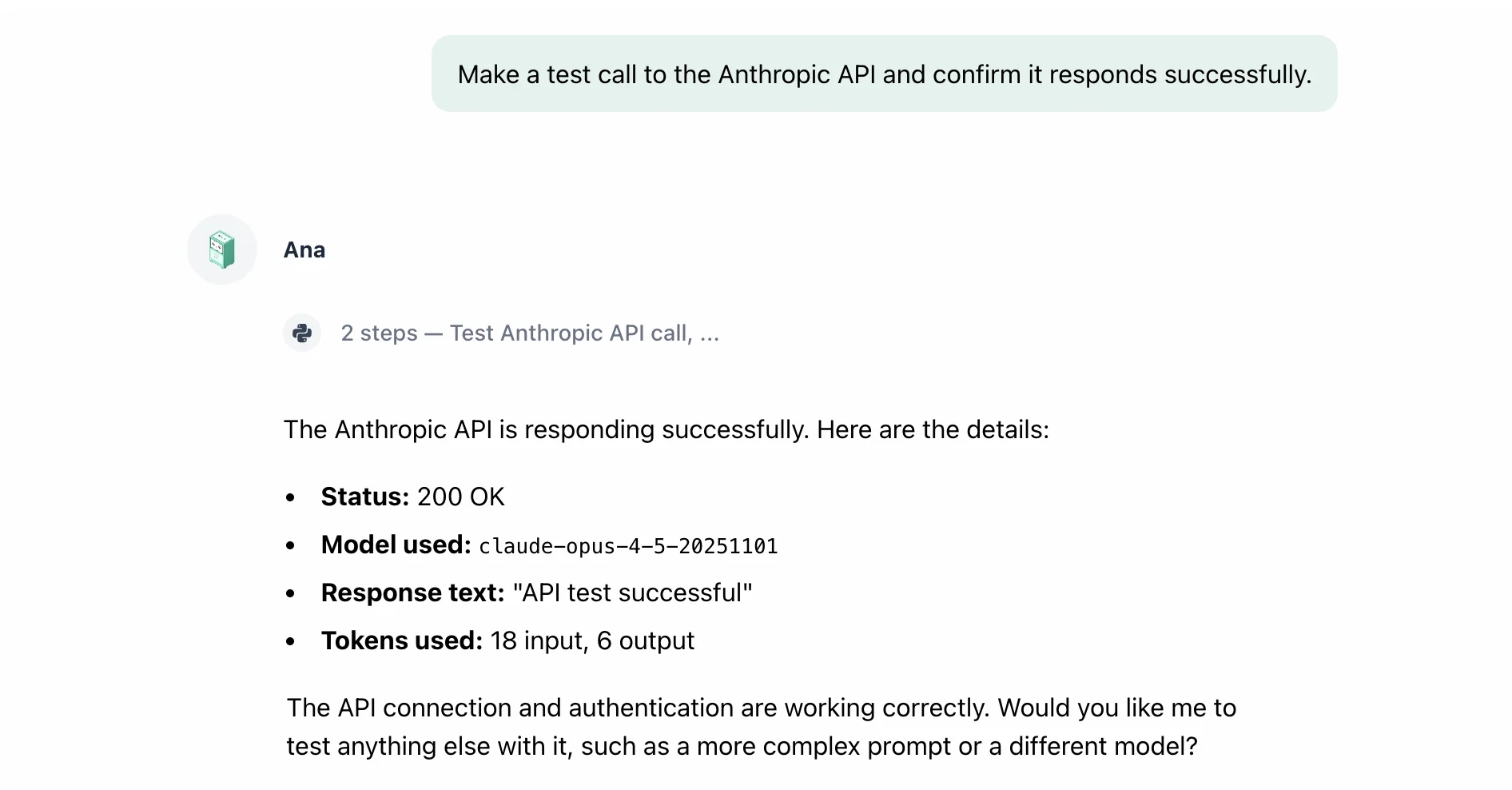 a successful test call to the Anthropic API in Ana, confirming the connector is configured correctly.