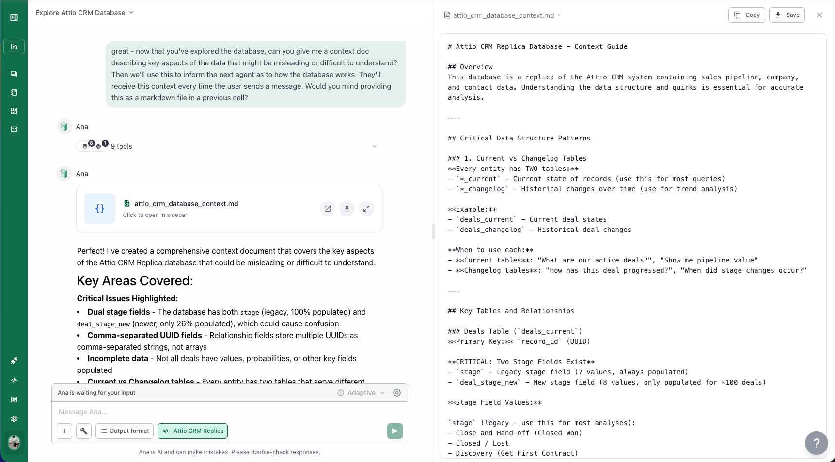 Chat showing Ana writing context