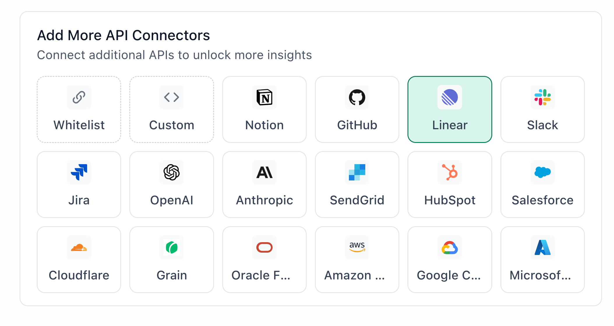Linear connector in the API Connectors panel