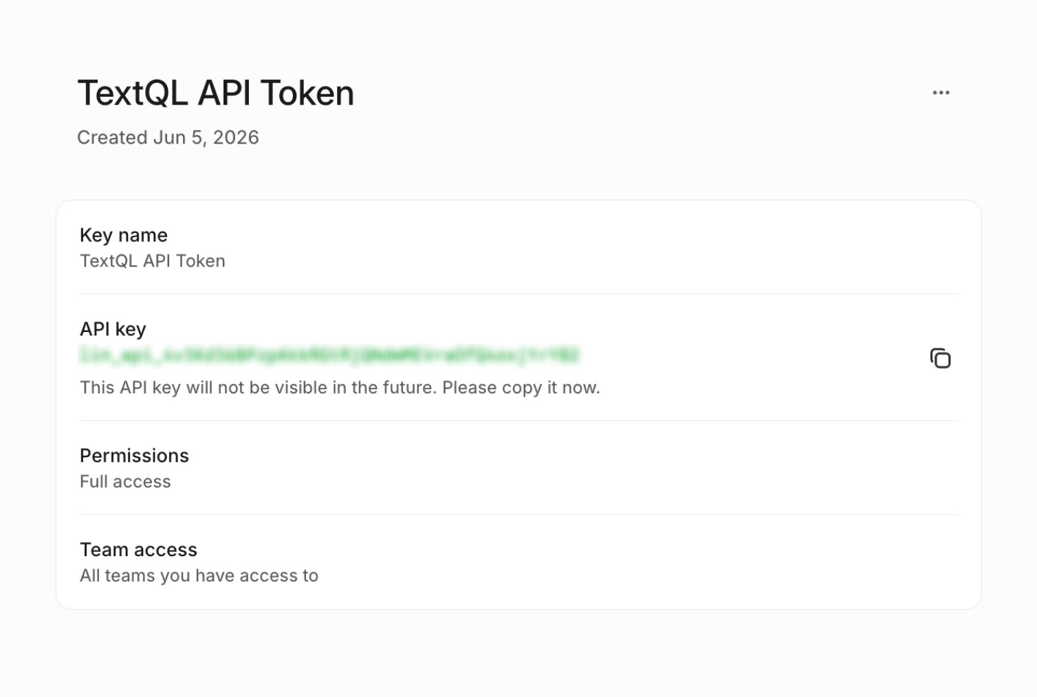 TextQL API Token page in Linear showing the API key, permissions, and team access
