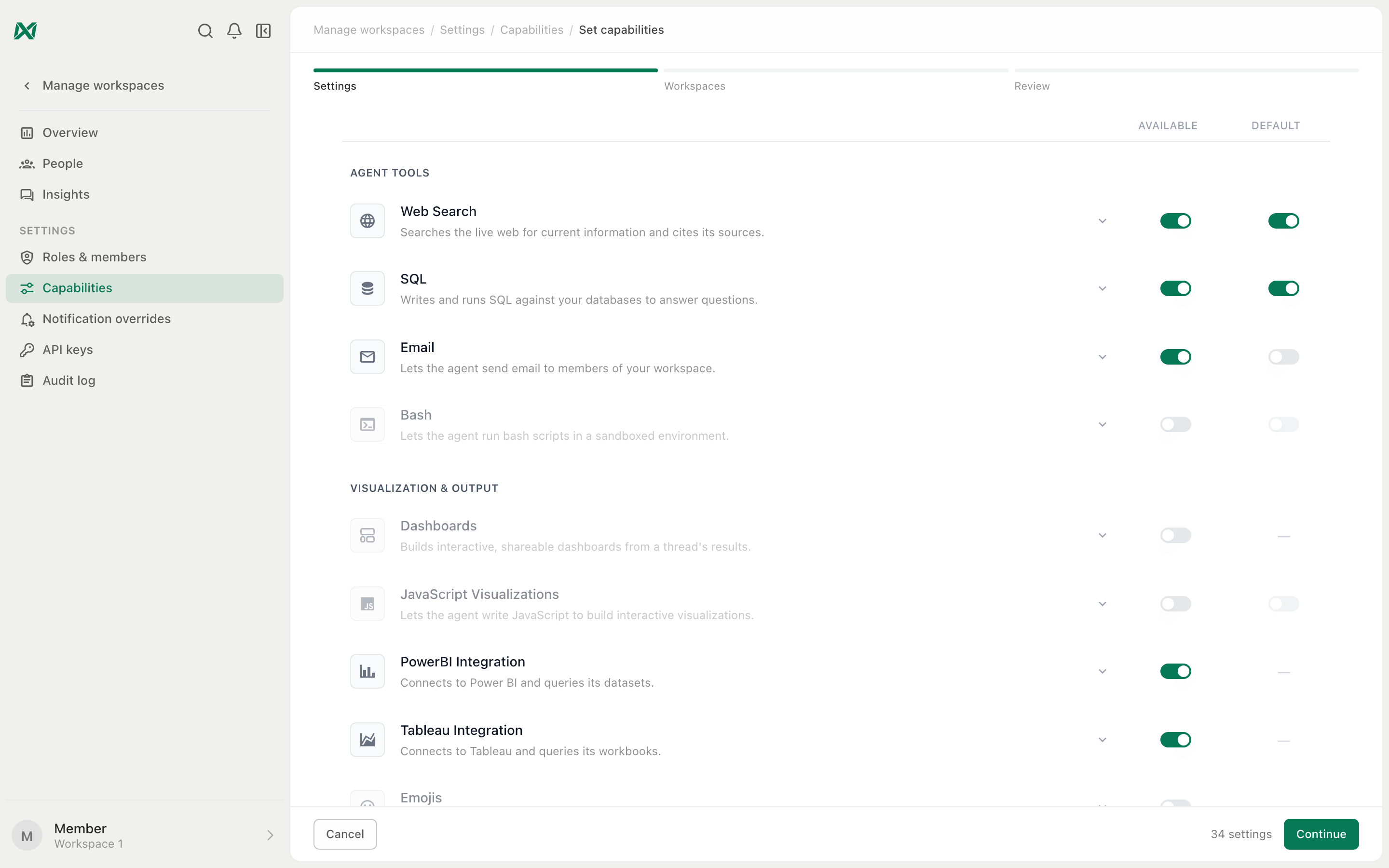 Set capabilities step in Manage Workspaces