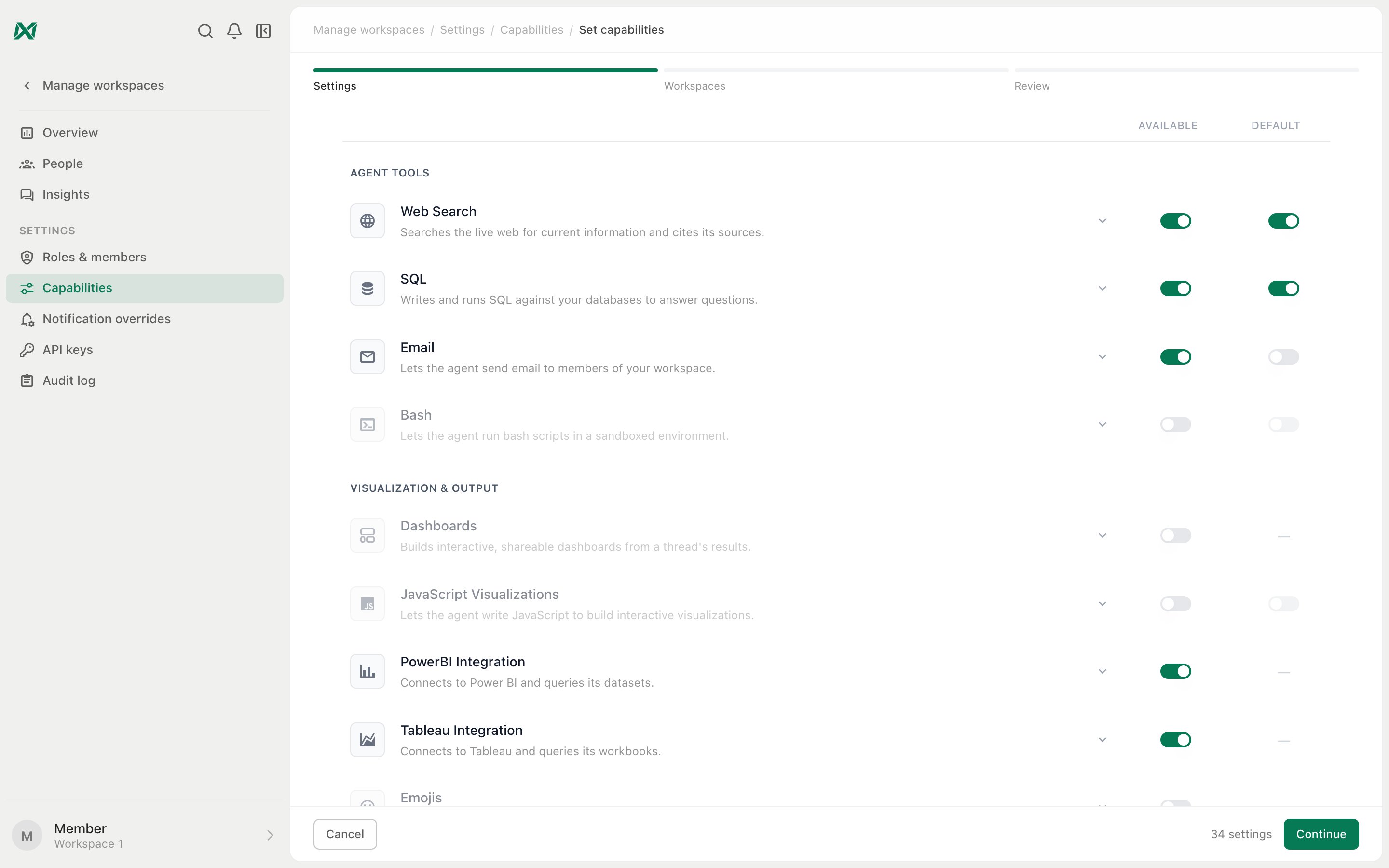 Set capabilities step in Manage Workspaces