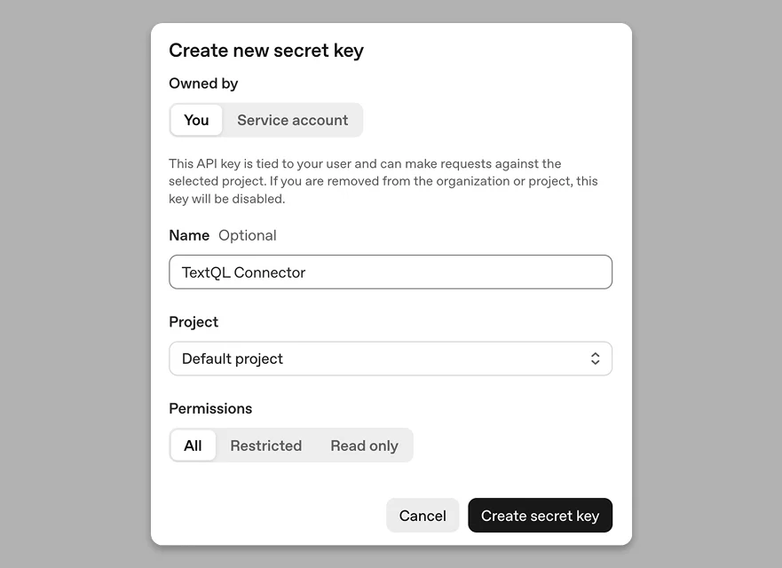 Pop-up screen for new API key setup