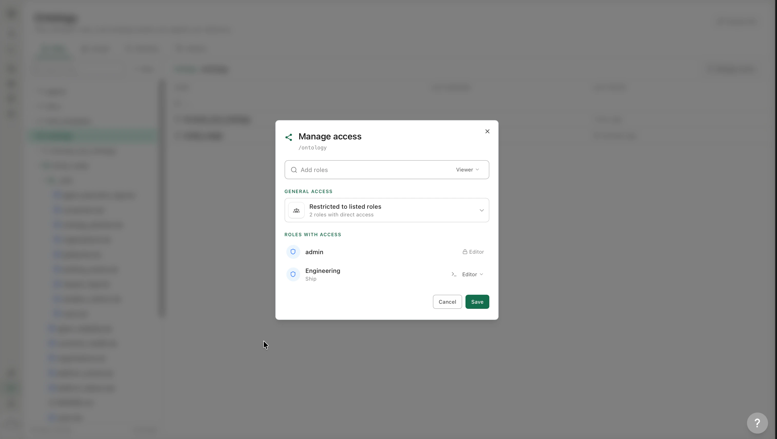 Folder-level access panel showing restricted access with role configuration
