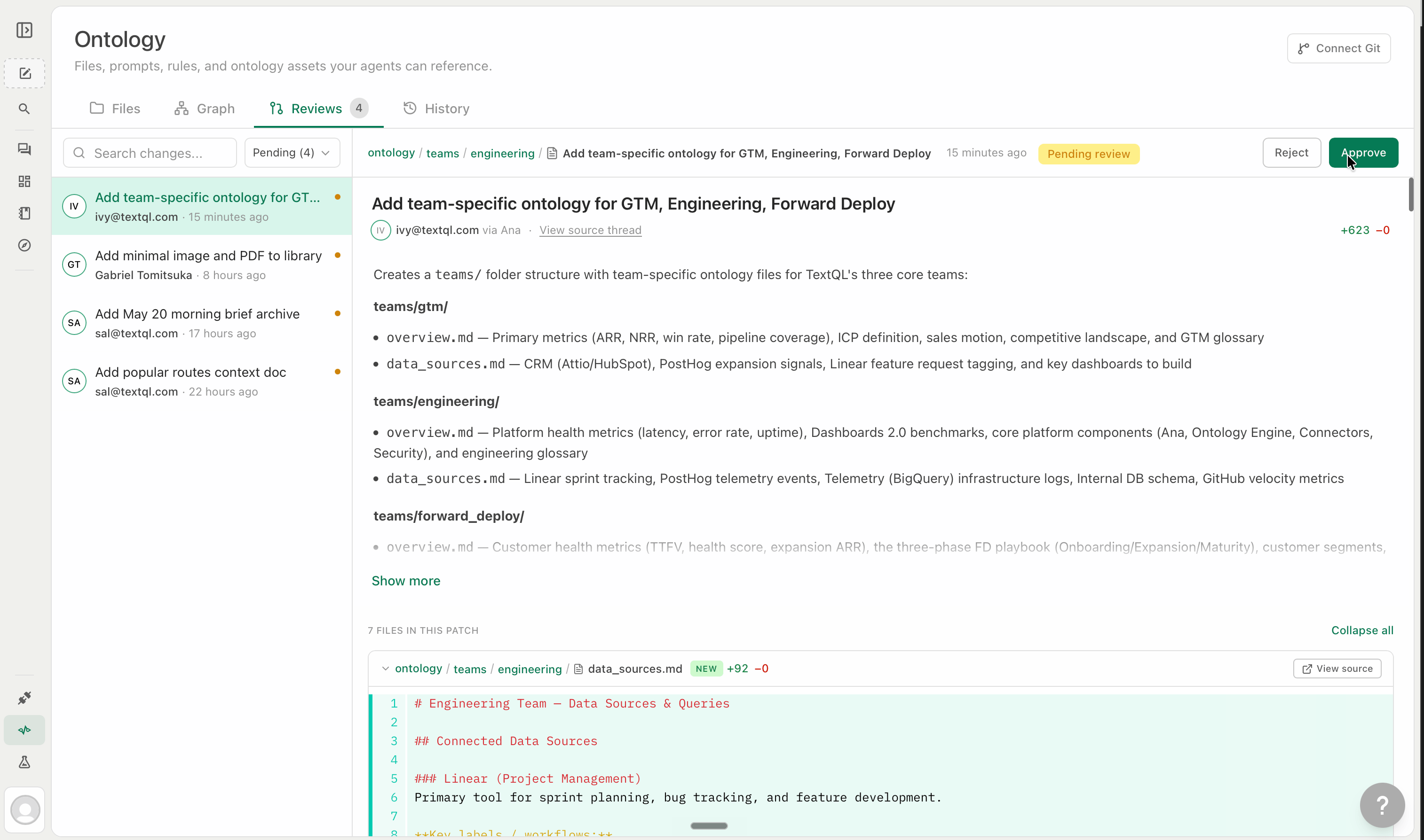 The Reviews tab — proposed diffs awaiting approval