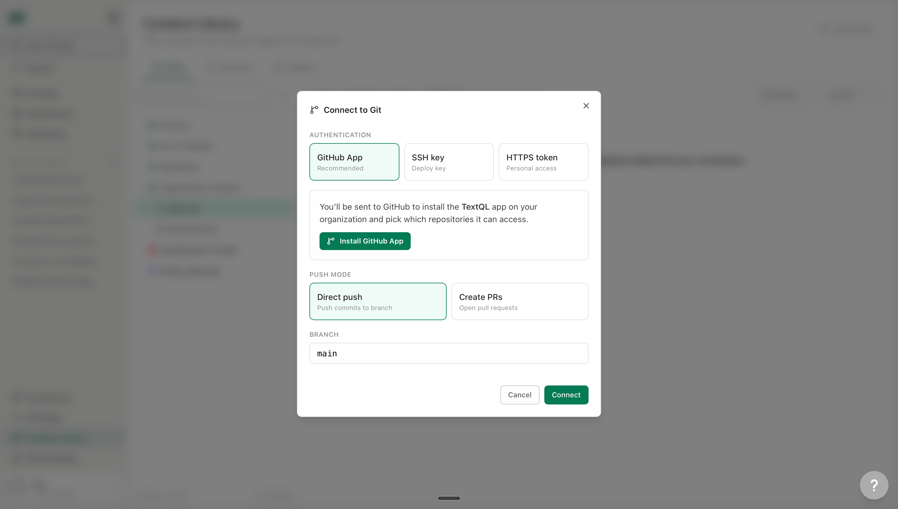 Connect to Git modal showing GitHub App and push mode options