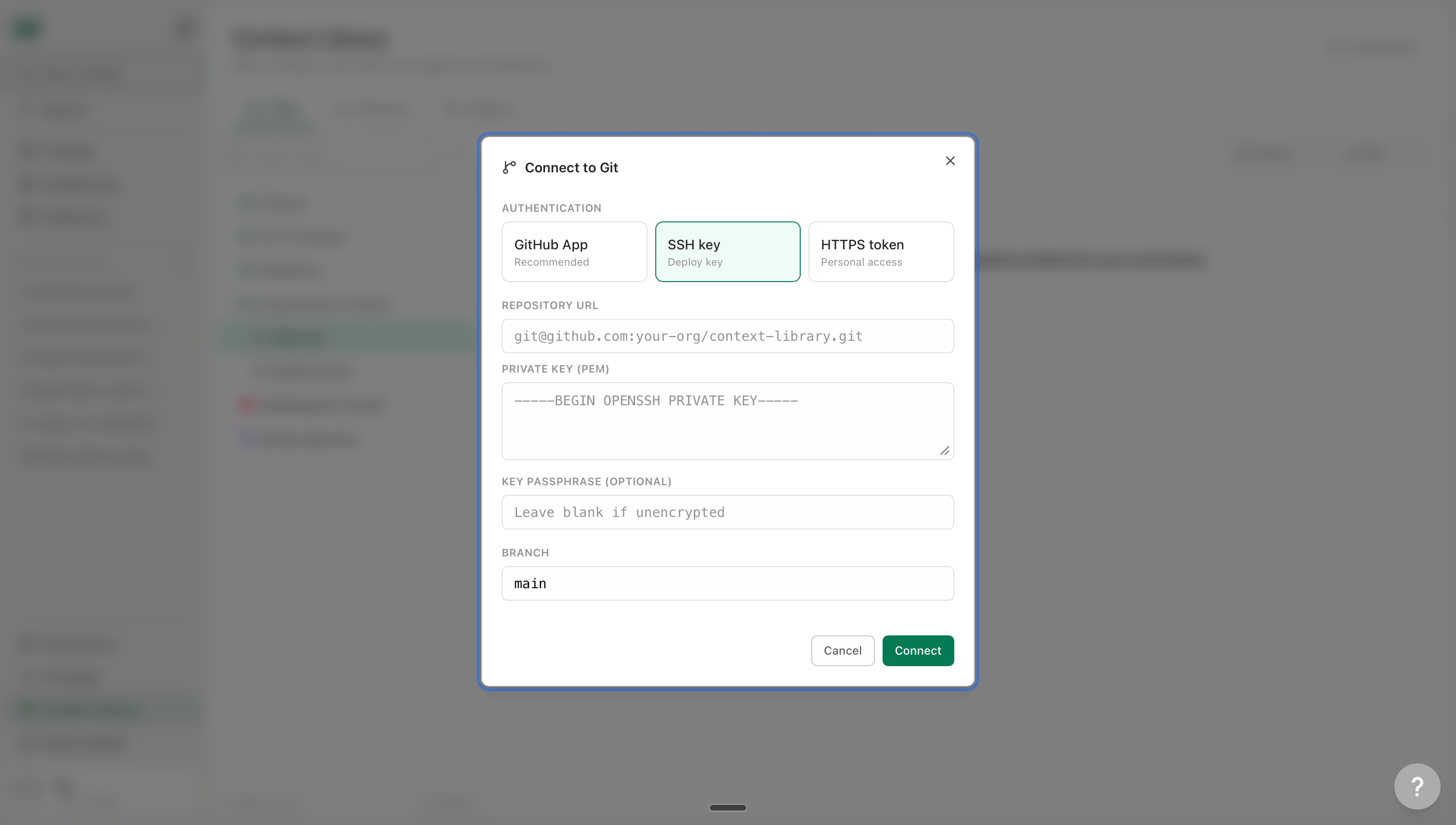 SSH key connection form