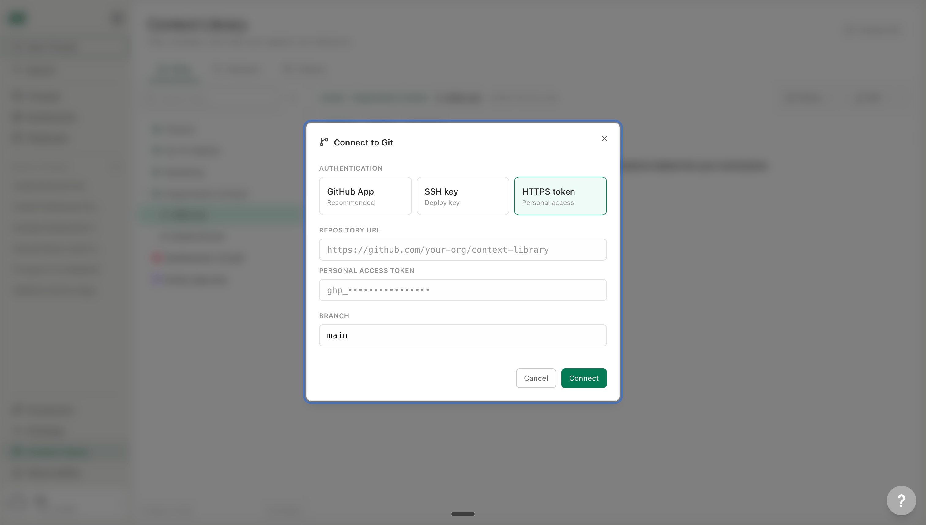 HTTPS token connection form showing repository URL and token fields