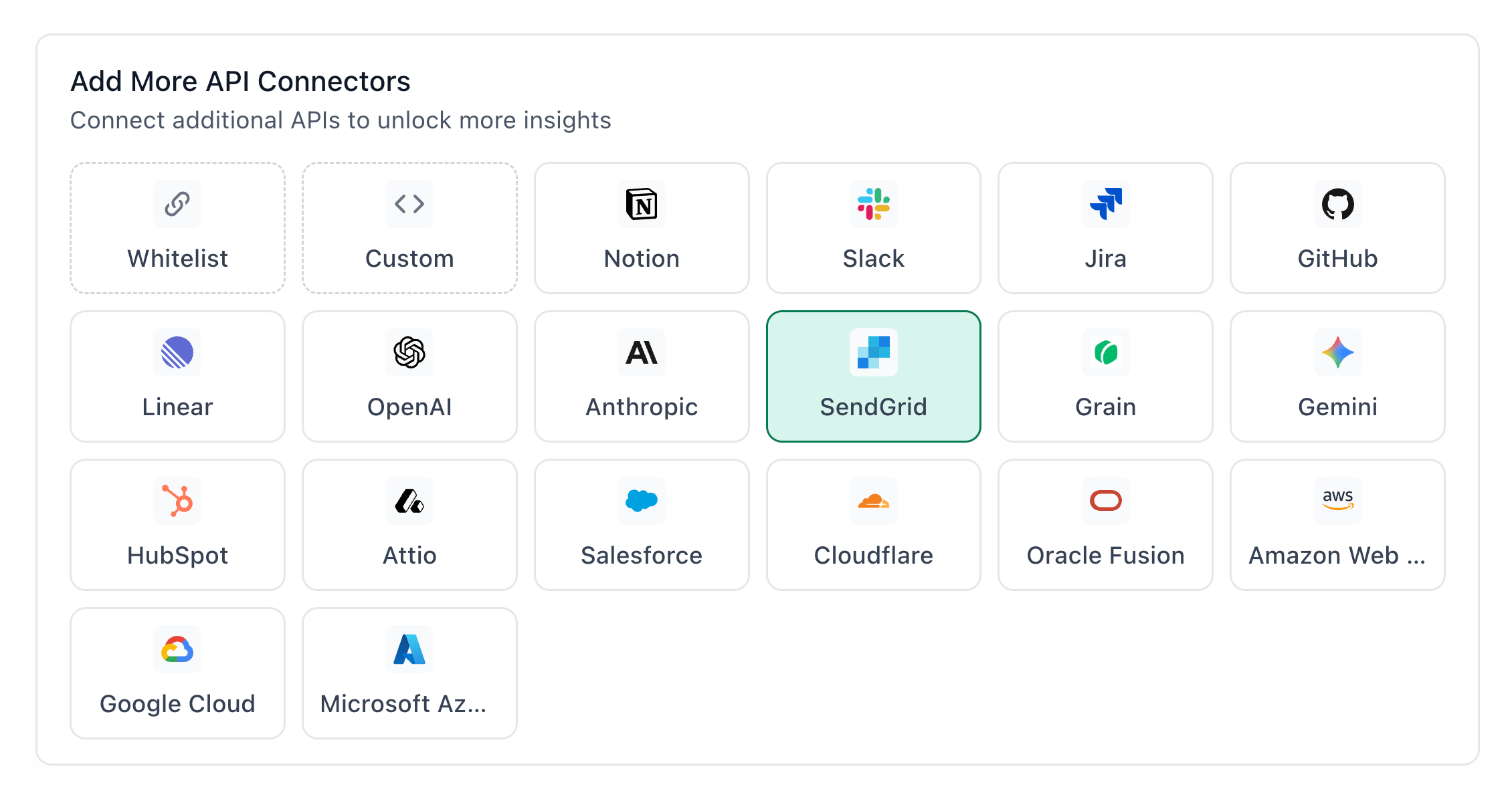 SendGrid connector in the TextQL API connectors grid