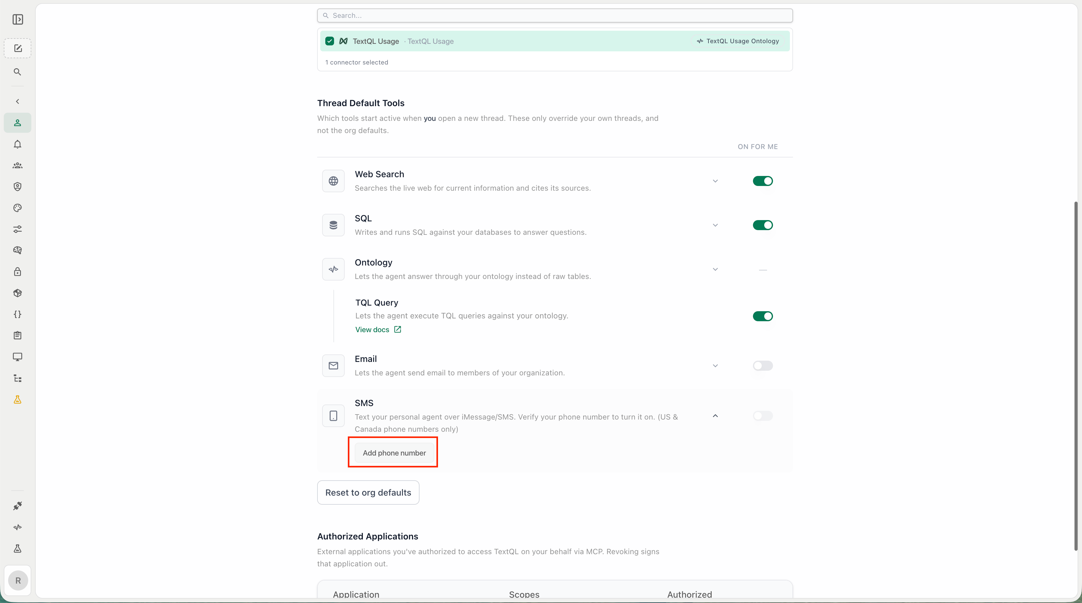 SMS section in Personal settings