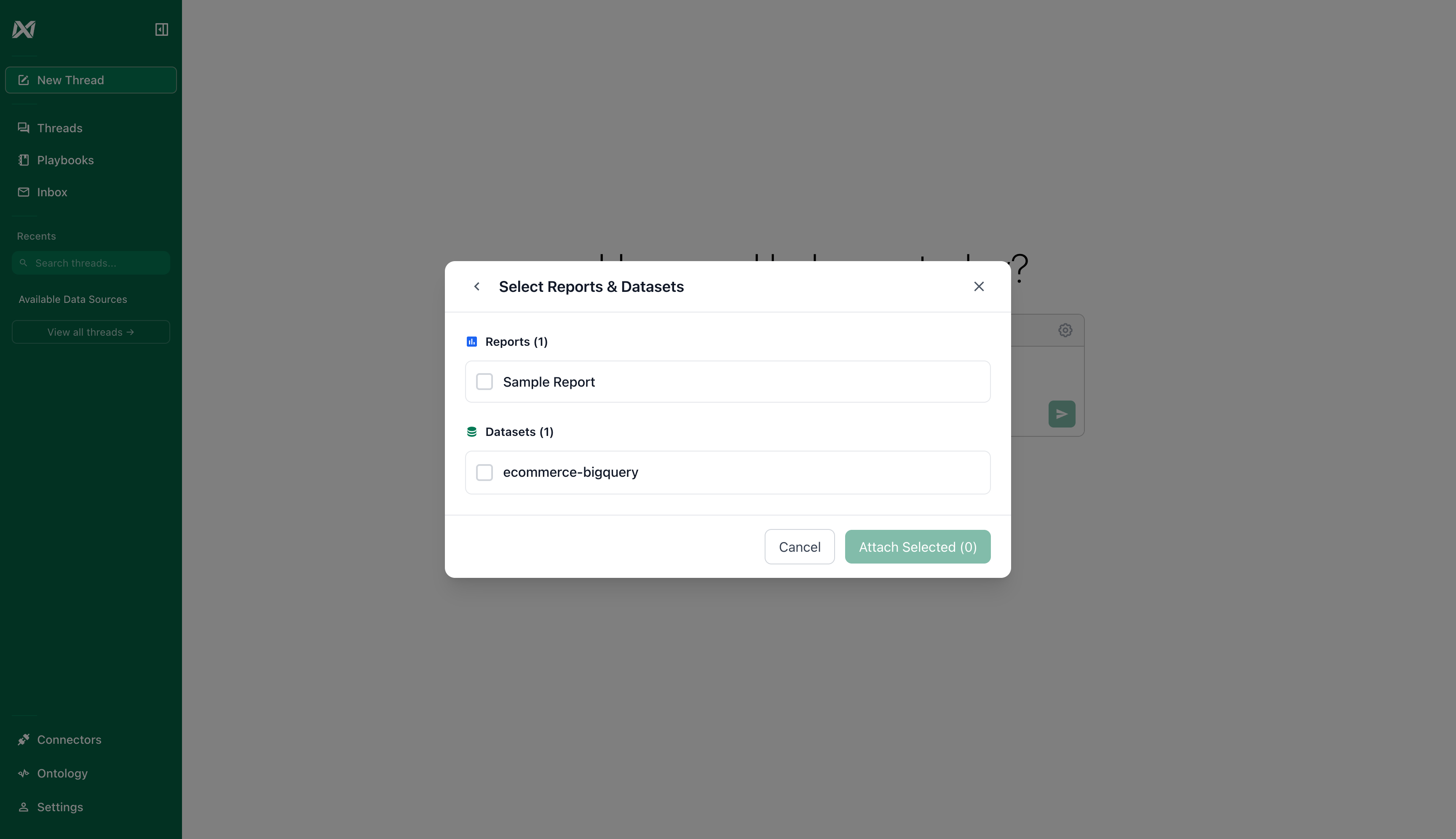 Dataset and report selection interface