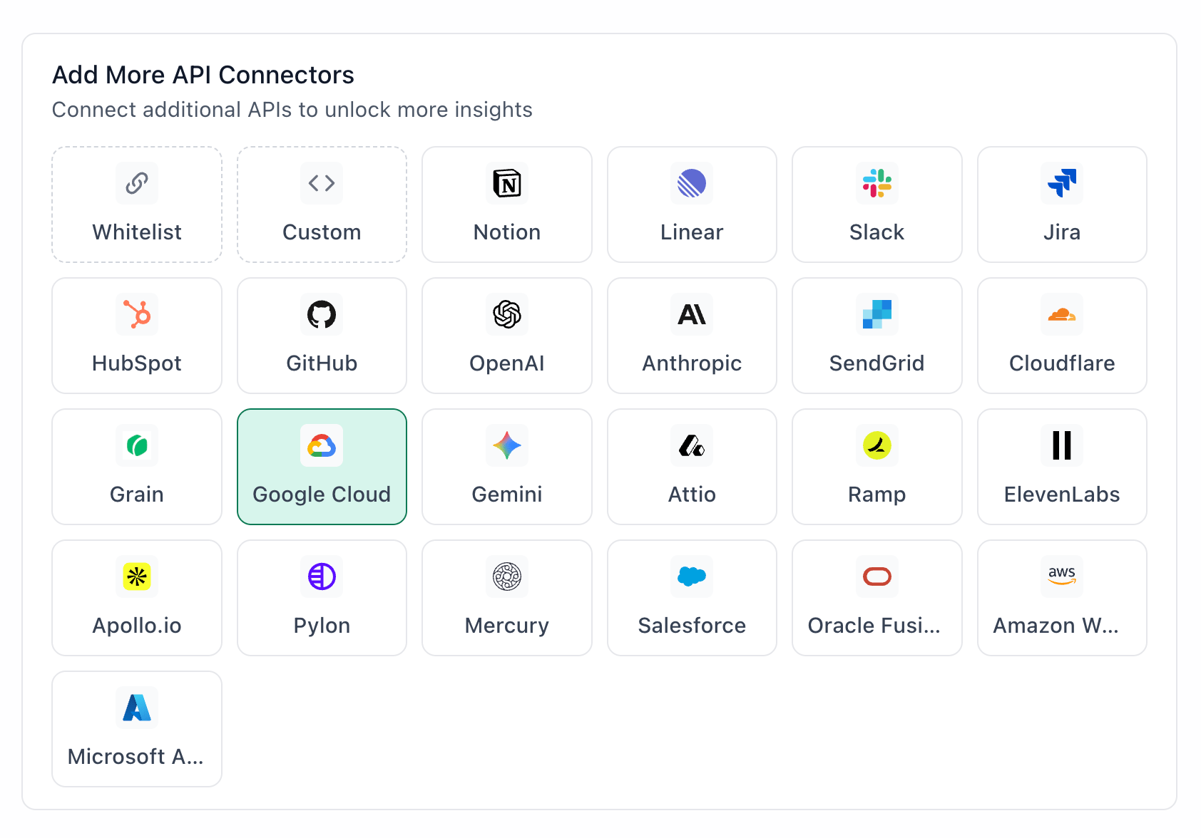 Google Cloud connector in the API Connectors panel