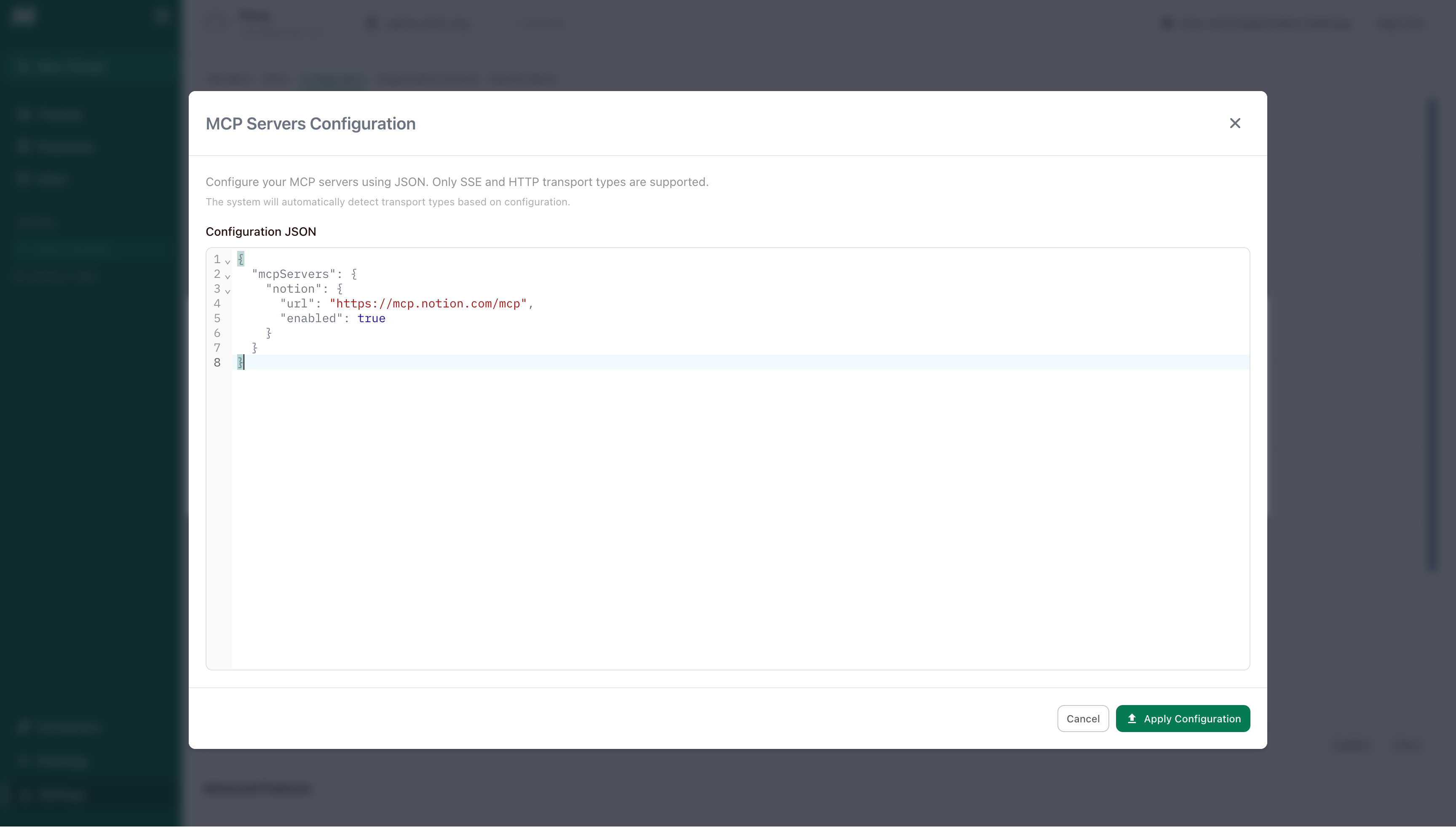 MCP configuration modal