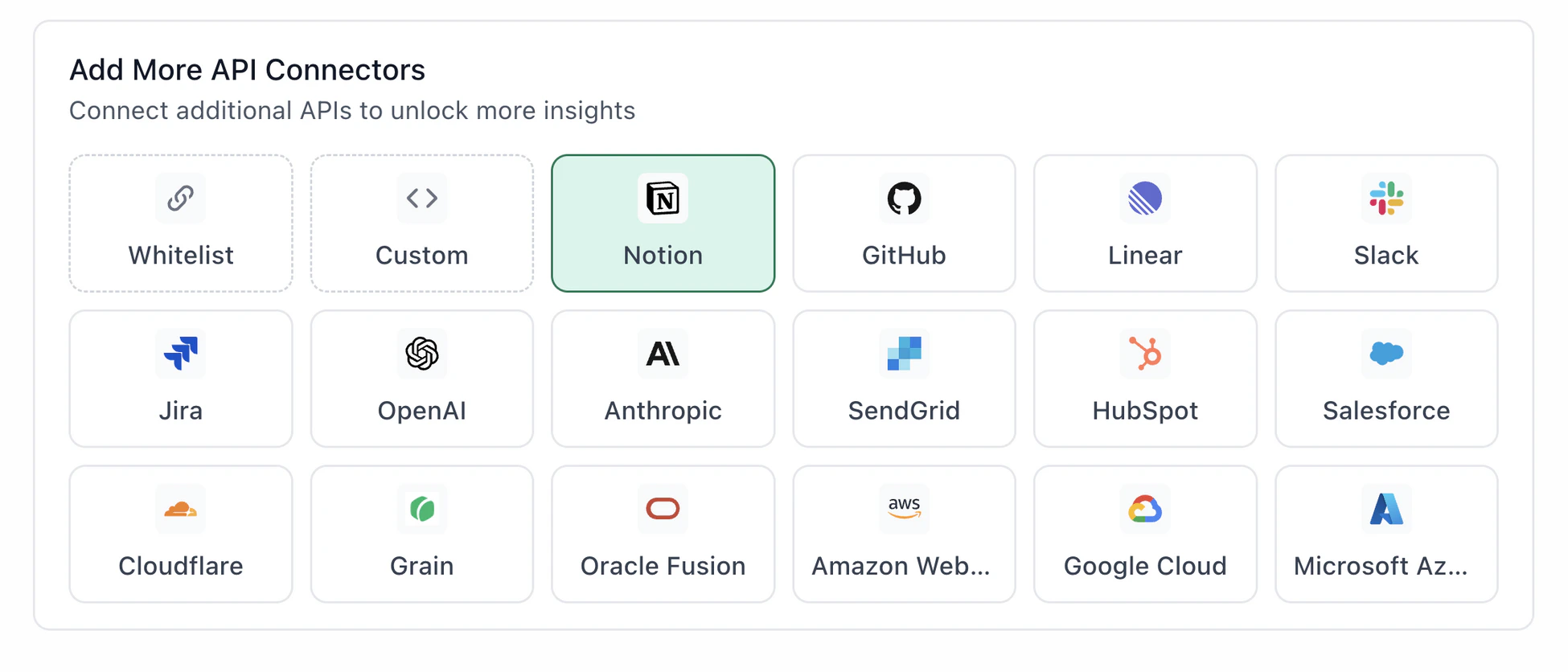 TextQL Add More API Connectors panel with Notion highlighted