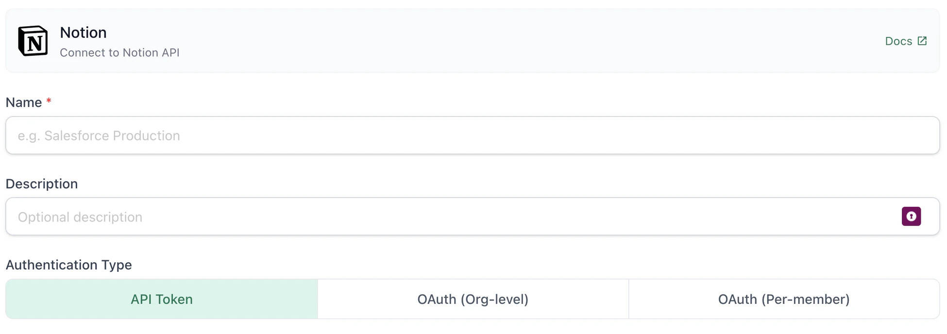 TextQL Notion connector form with the API Token authentication type selected