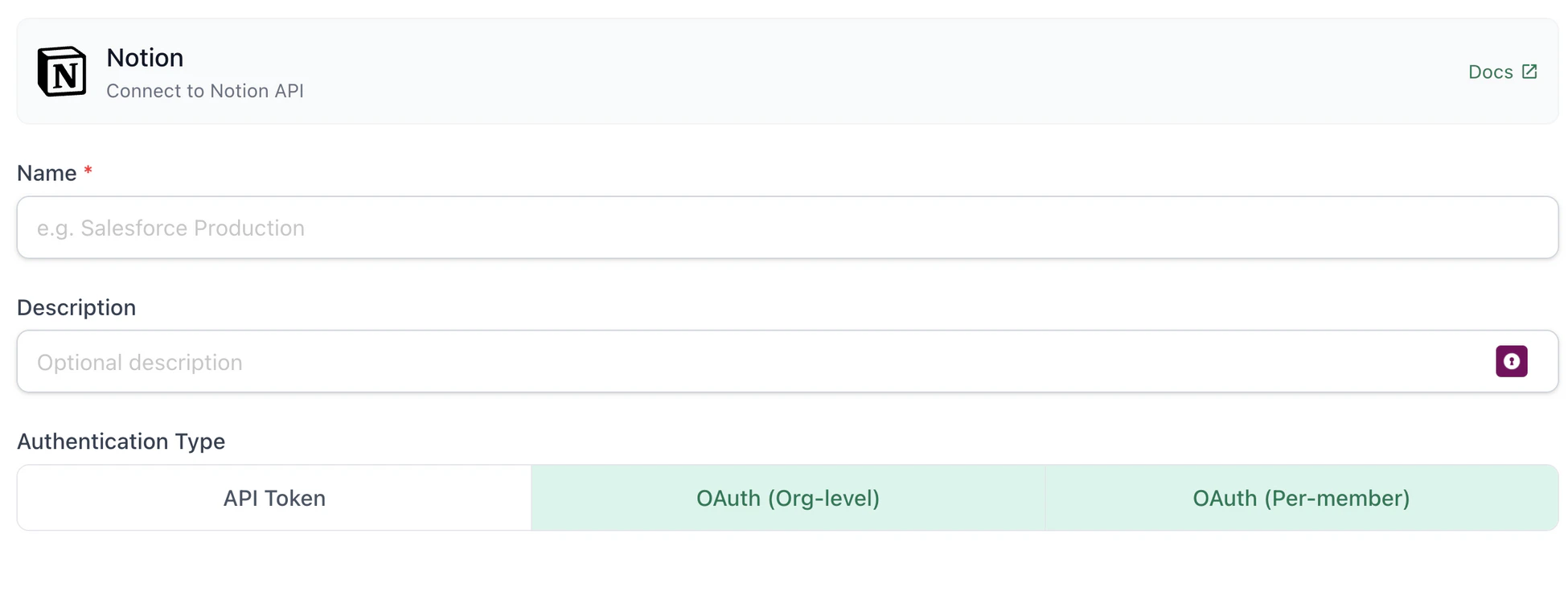 TextQL Notion connector form with the OAuth (Org-level) authentication type selected
