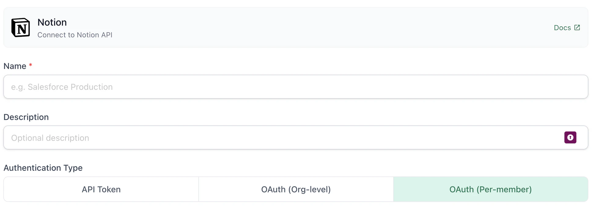 TextQL Notion connector form with the OAuth (Per-member) authentication type selected