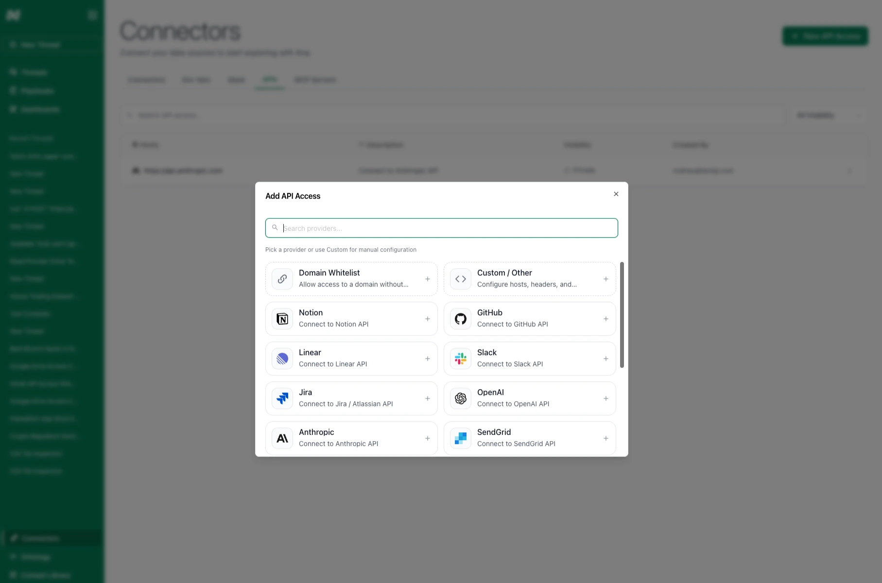 Add API Access modal showing available templates