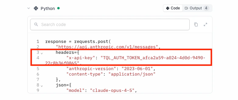 Python cell using API Connector with TQL_AUTH_TOKEN header