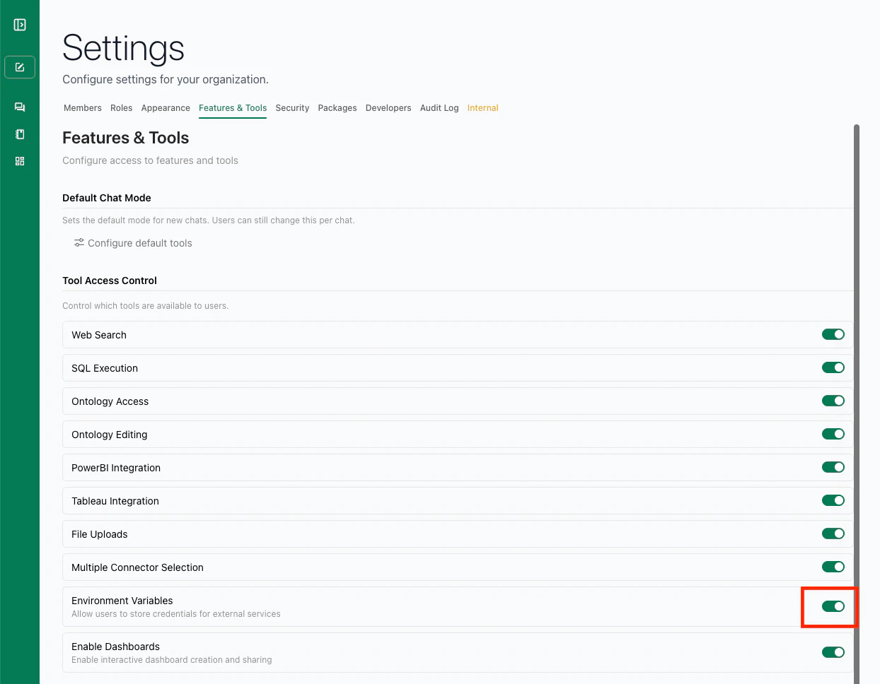 Settings page with Environment Variables toggle highlighted