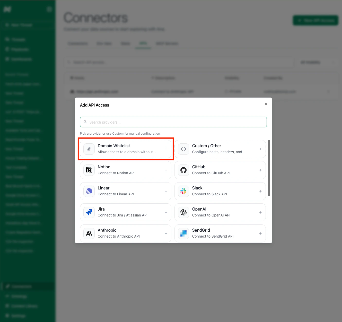 Add API Access modal with Domain Whitelist option highlighted