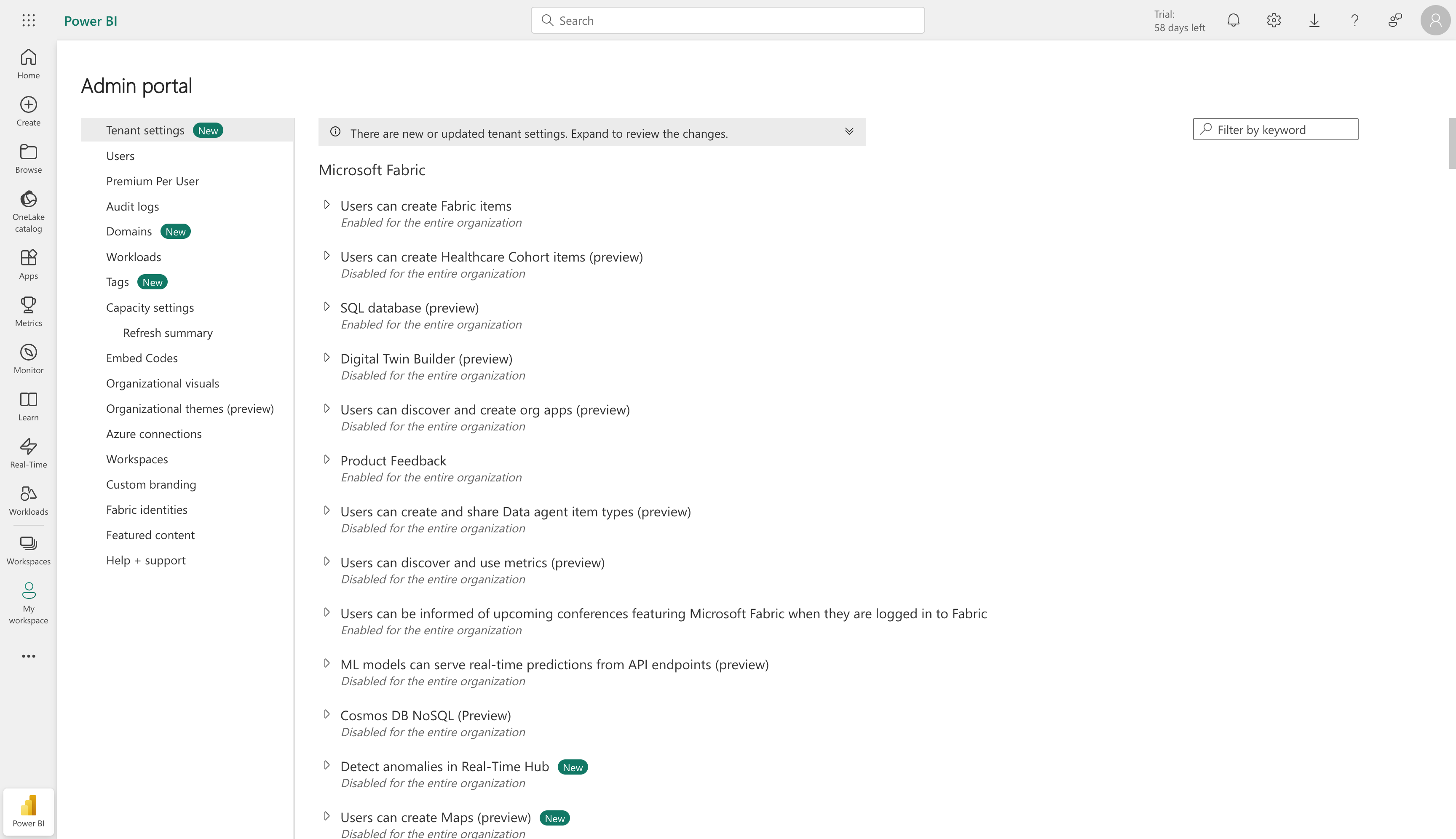 PowerBI Admin Portal Tenant Settings