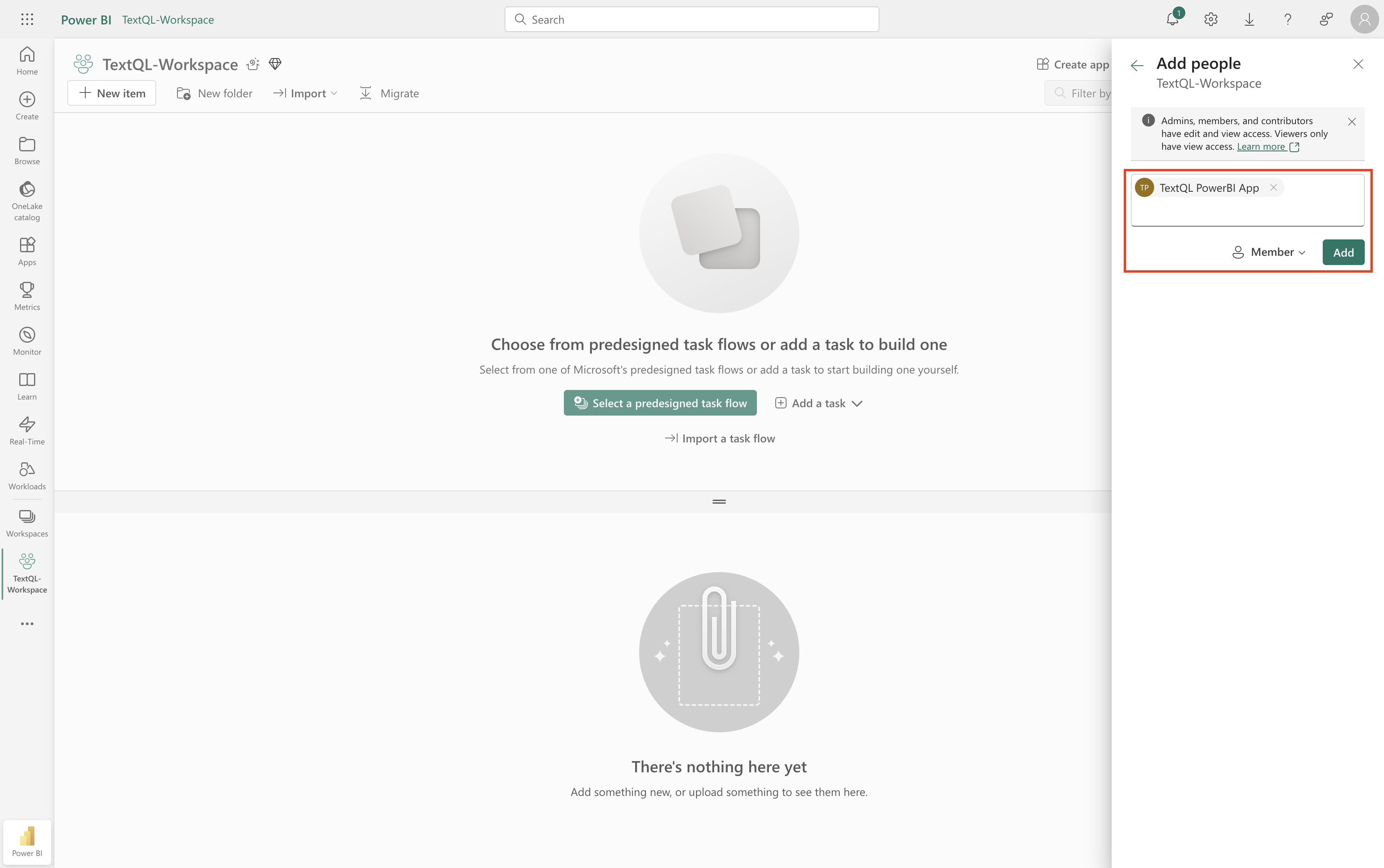 Manage access dialog with service principal
