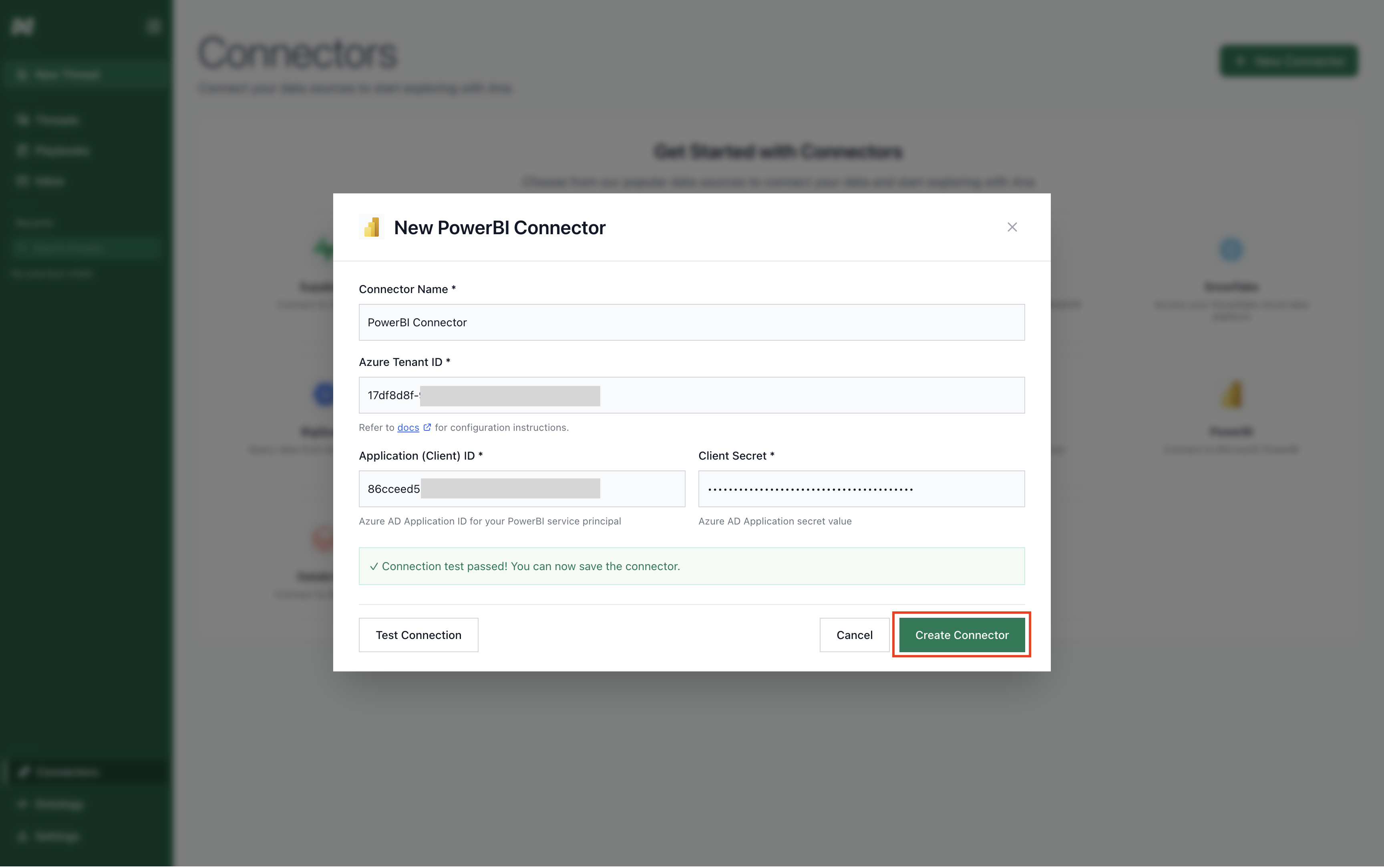 PowerBI connection test successful