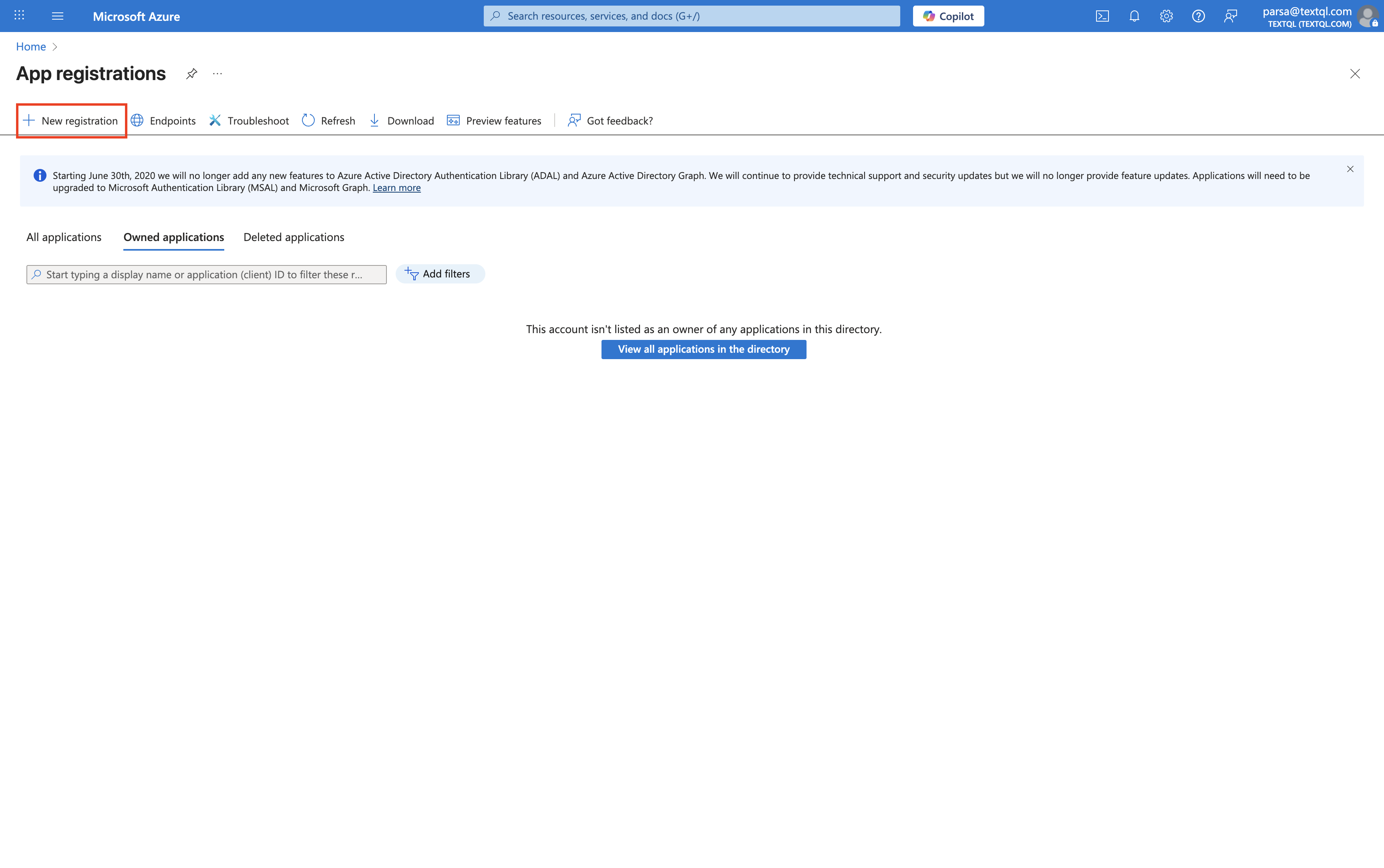 Azure App Registrations page